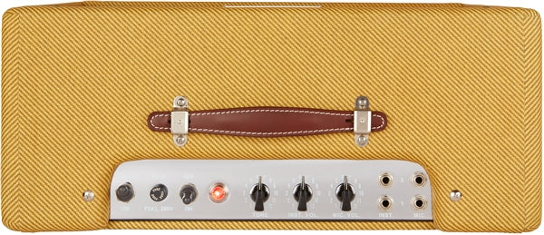 Fender '57 Custom Deluxe Combo tweed amplifier with control panel and leather handle