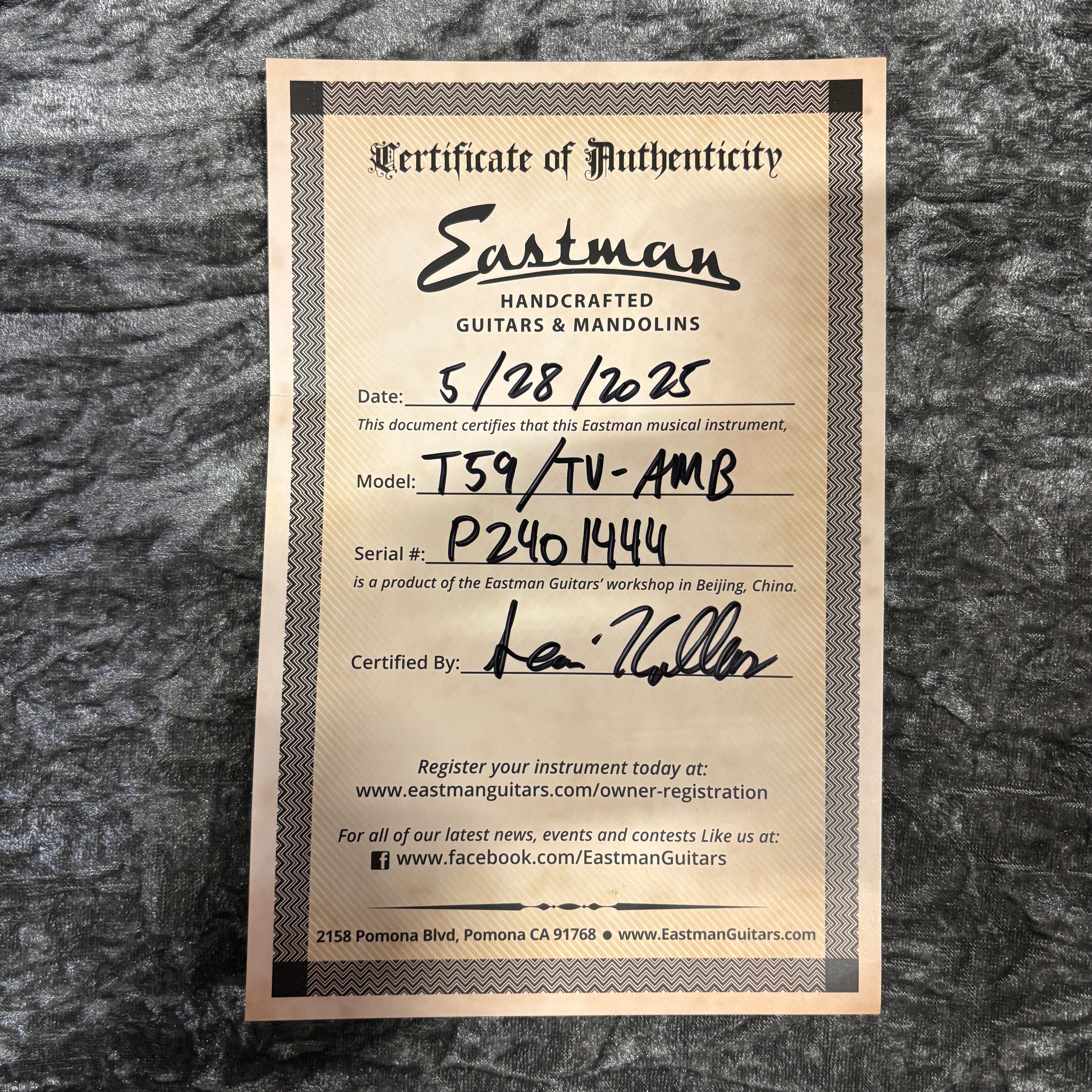 Eastman T59 TV semi-hollow electric guitar vintage amber finish with certificate of authenticity