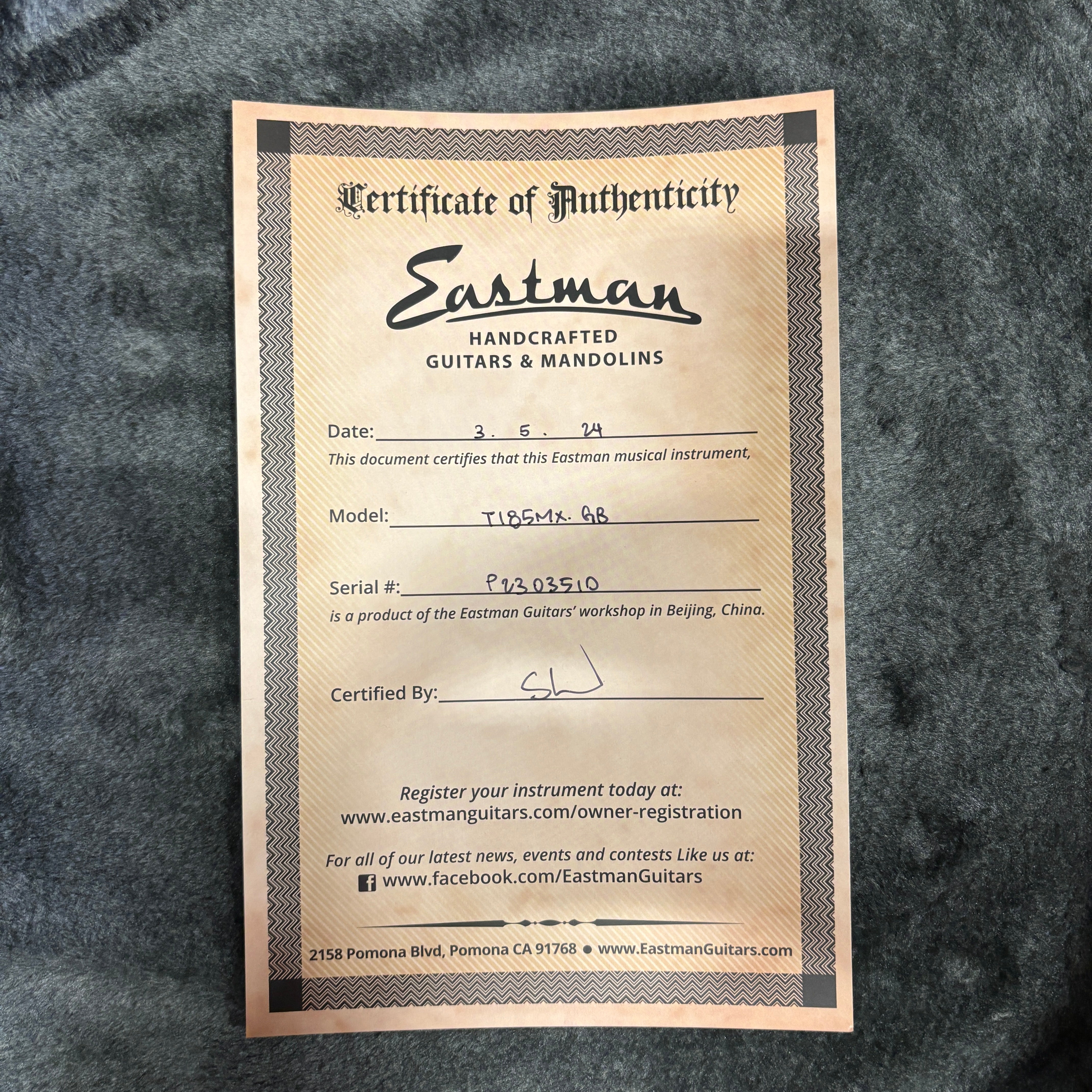 Eastman T185MX-GB semi-hollow electric guitar Goldburst with certificate of authenticity