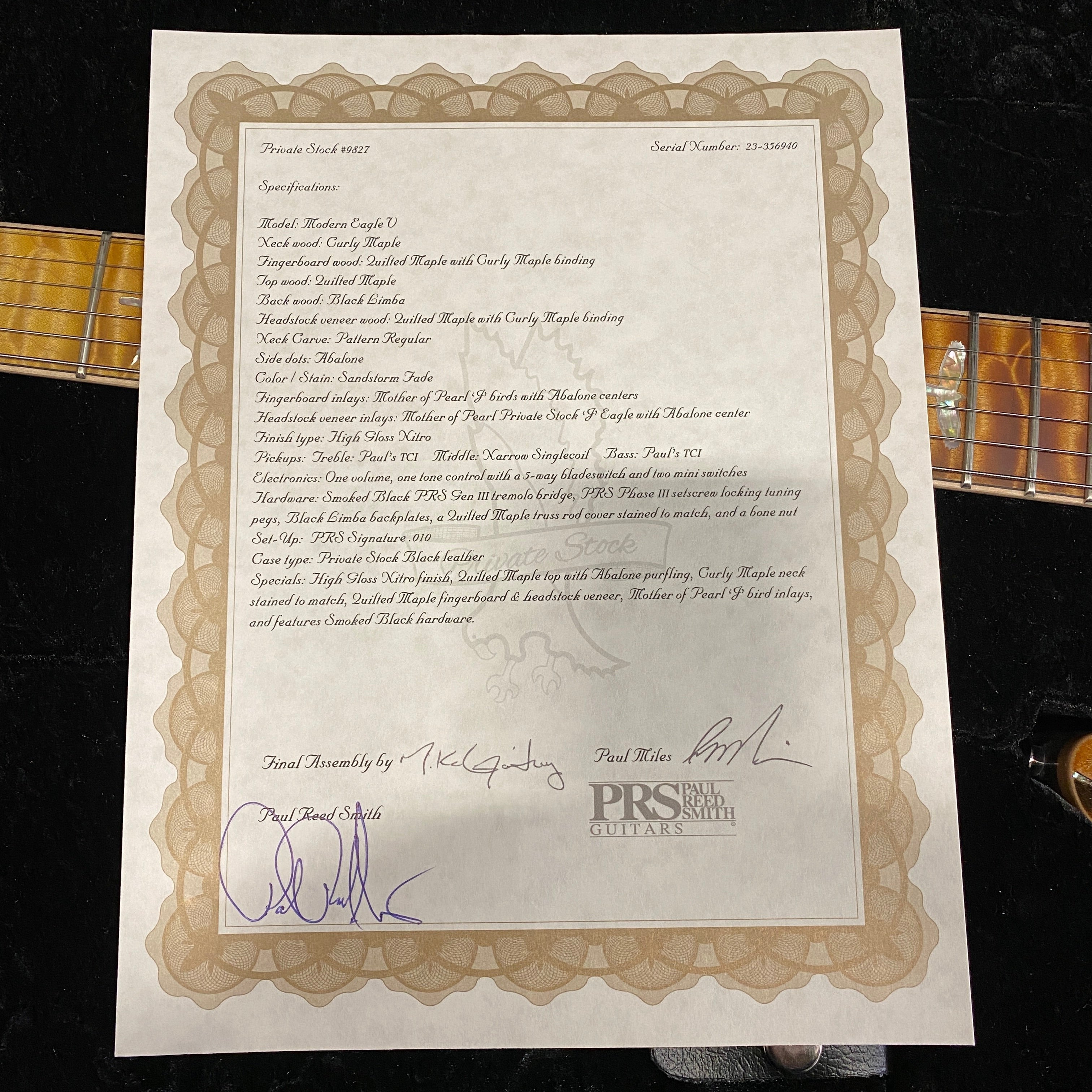 Paul Reed Smith Private Stock Modern Eagle V electric guitar Sandstorm Fade with quilted maple top and abalone inlays