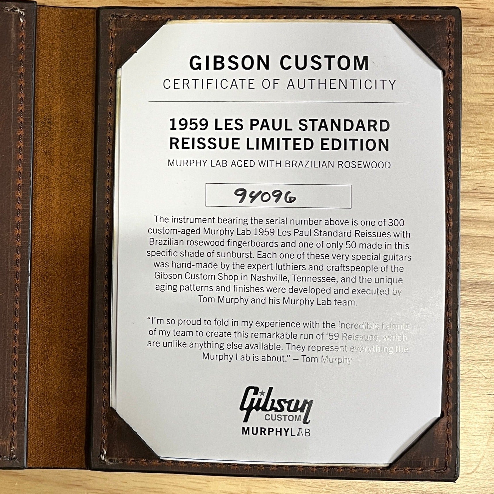 Gibson 1959 Les Paul Standard Reissue Murphy Lab electric guitar tri-burst with Brazilian rosewood fretboard certificate of authenticity