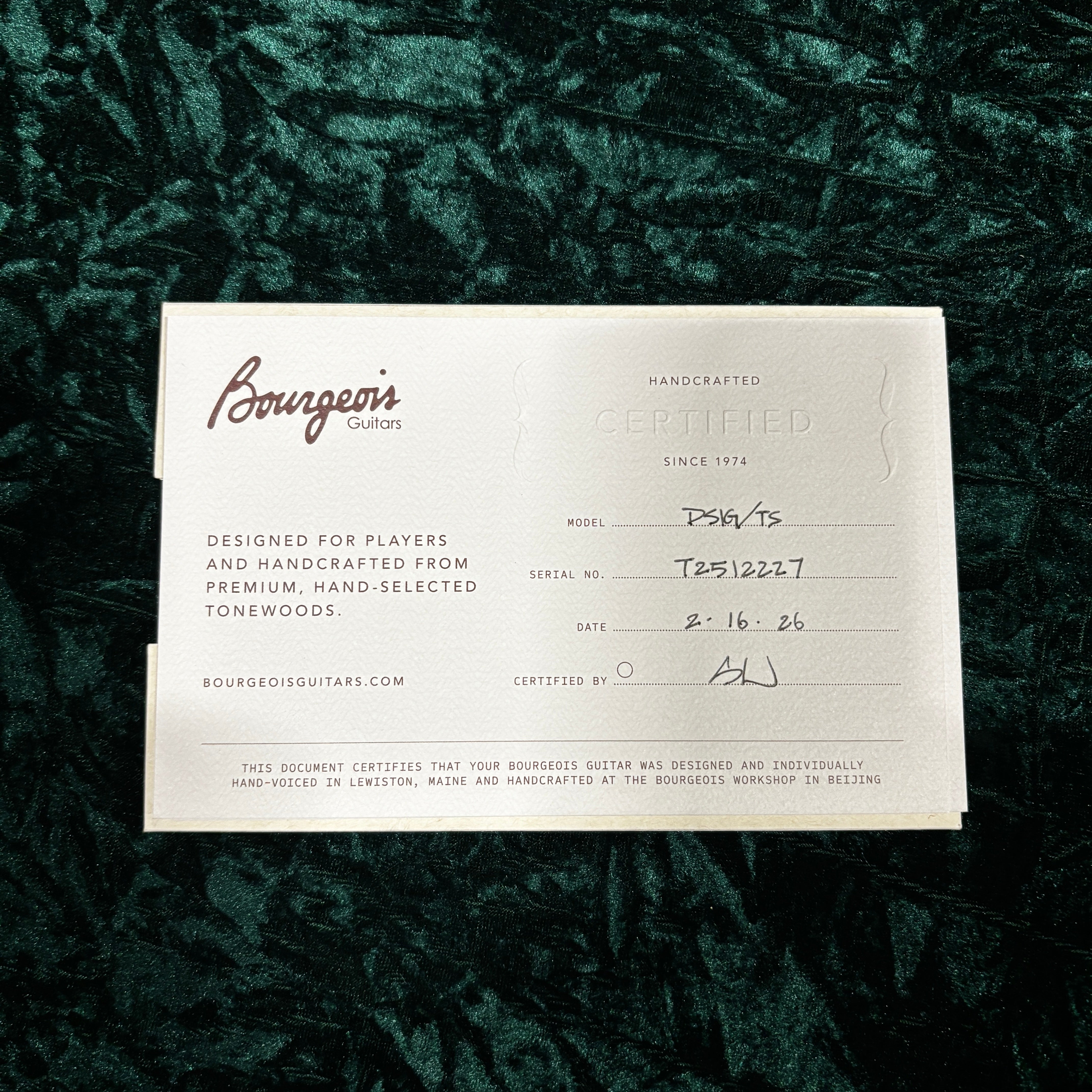 Bourgeois OM/TS acoustic guitar sunburst finish hand-voiced tonewoods certification card