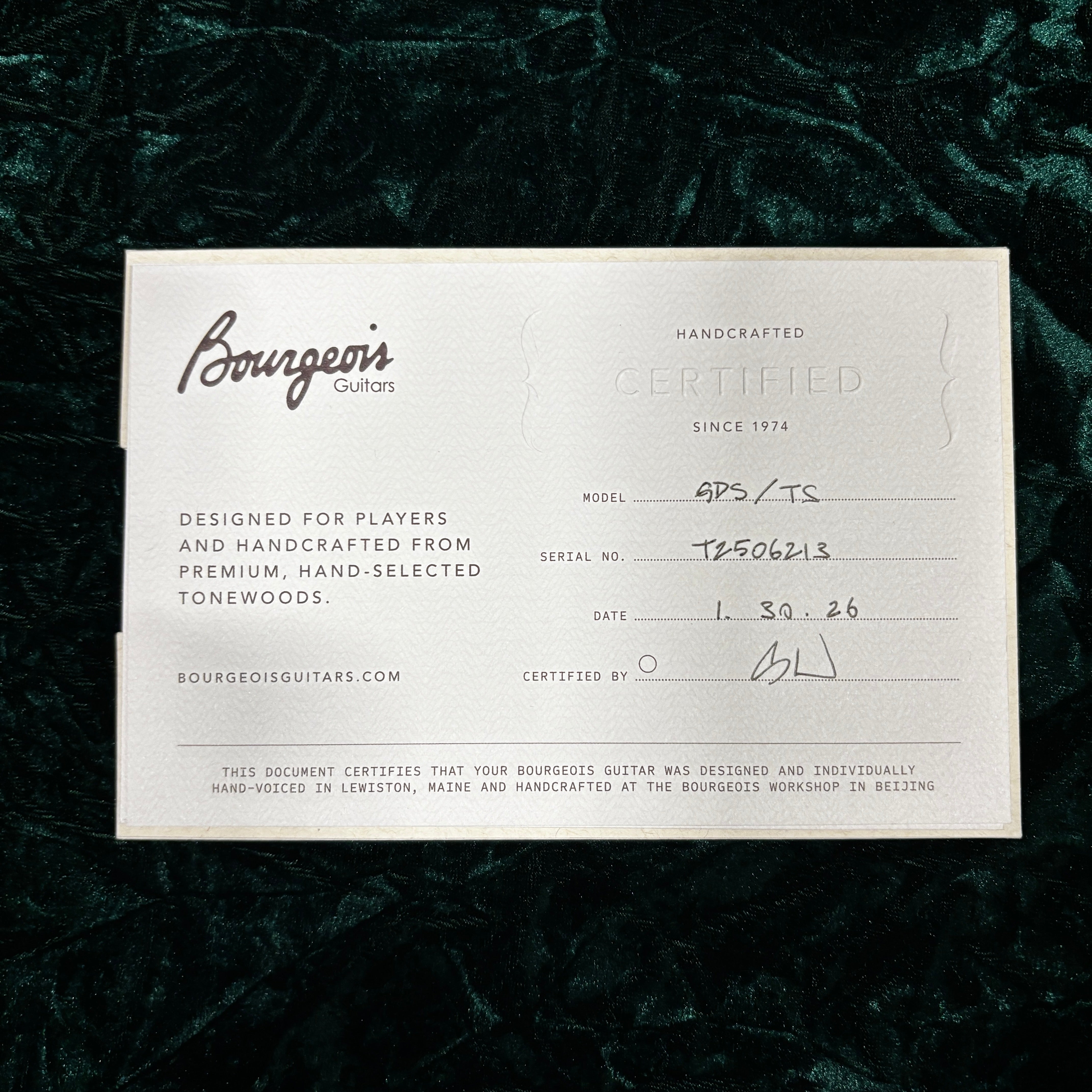Bourgeois SDS/TS acoustic guitar sunburst finish handcrafted certification document
