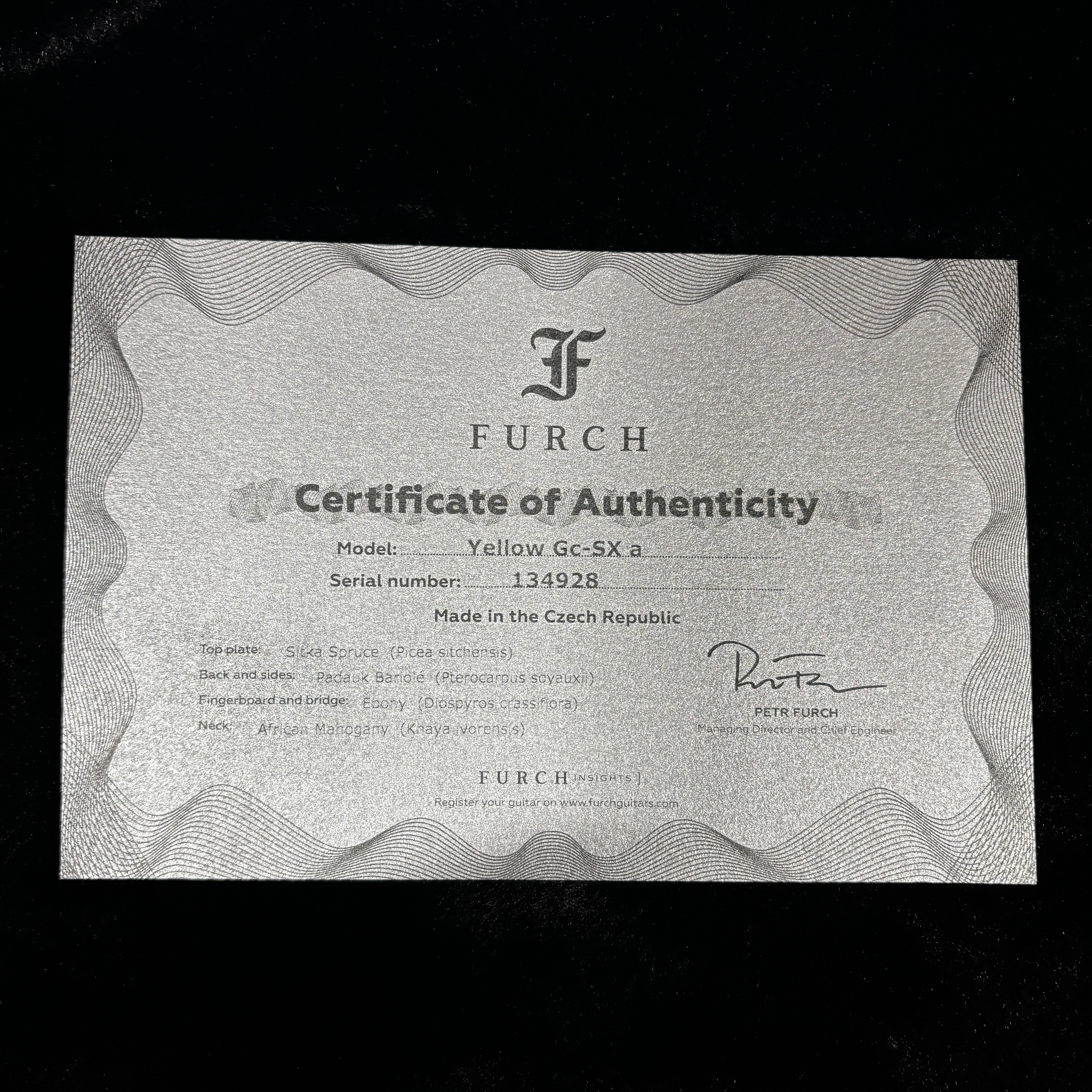 Furch Yellow GC-SX.a classical acoustic guitar Certificate of Authenticity document with serial number 134928