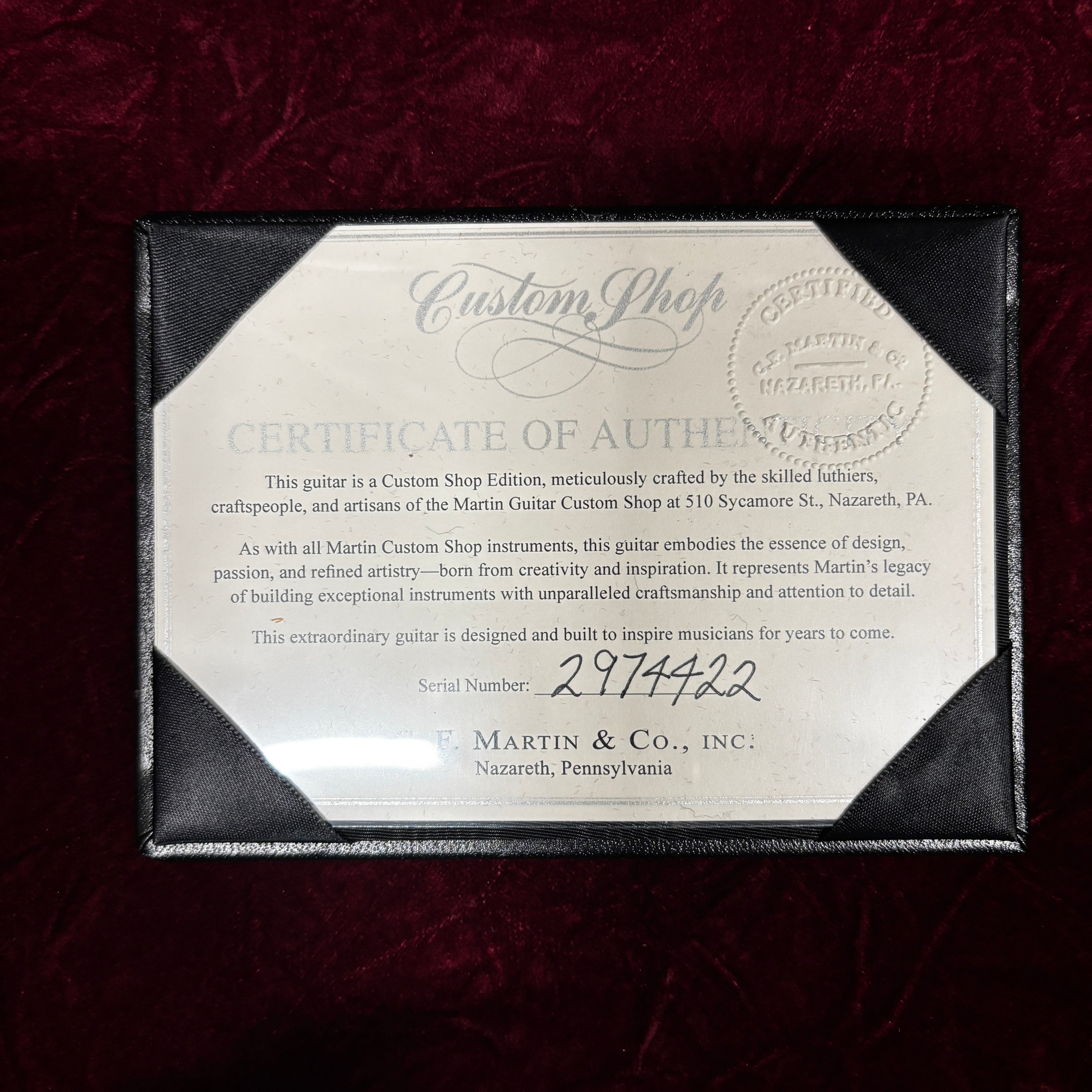 Martin Custom Shop acoustic guitar natural finish with certificate of authenticity