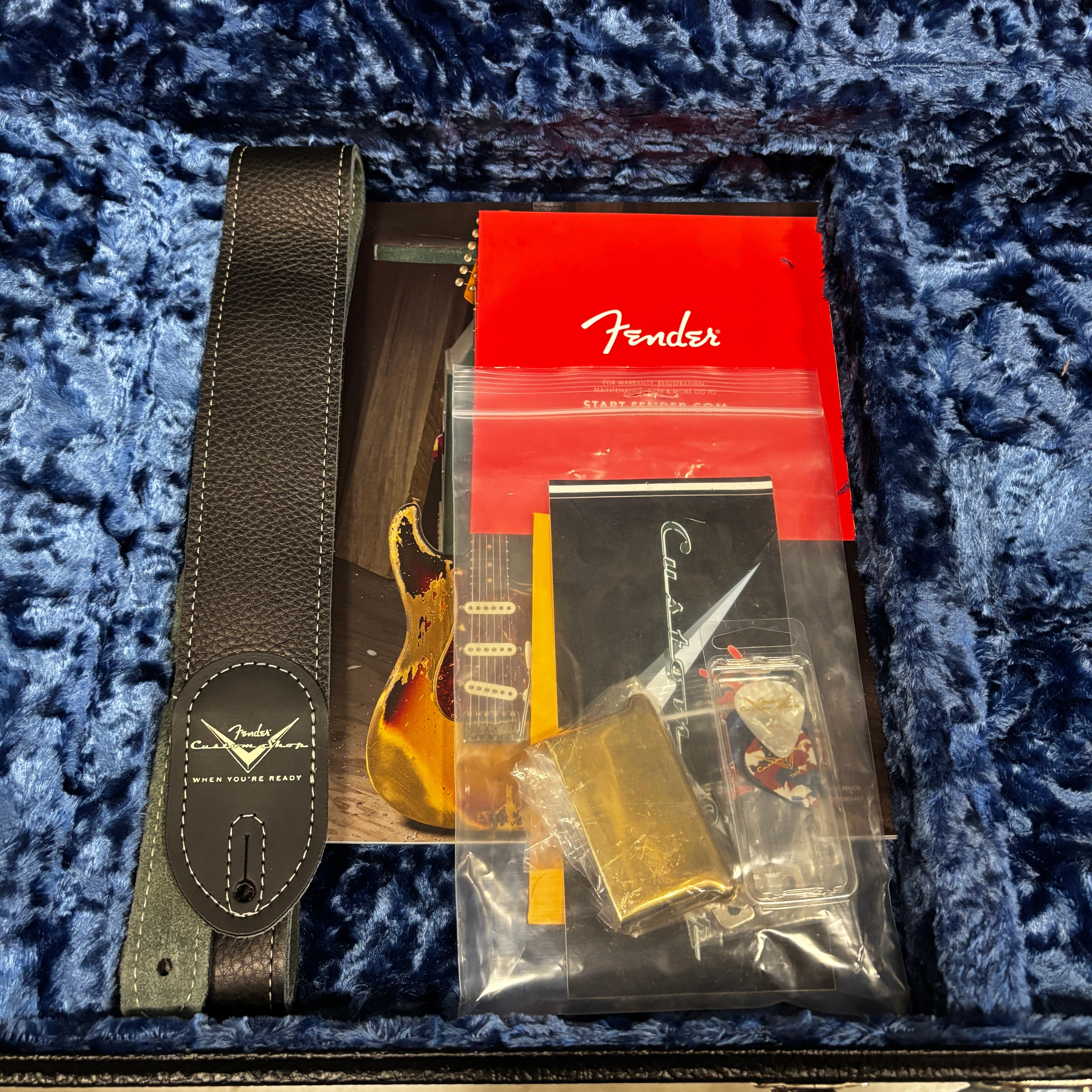 Fender Custom Shop 75th Anniversary Stratocaster electric guitar pre-owned with leather strap and accessories