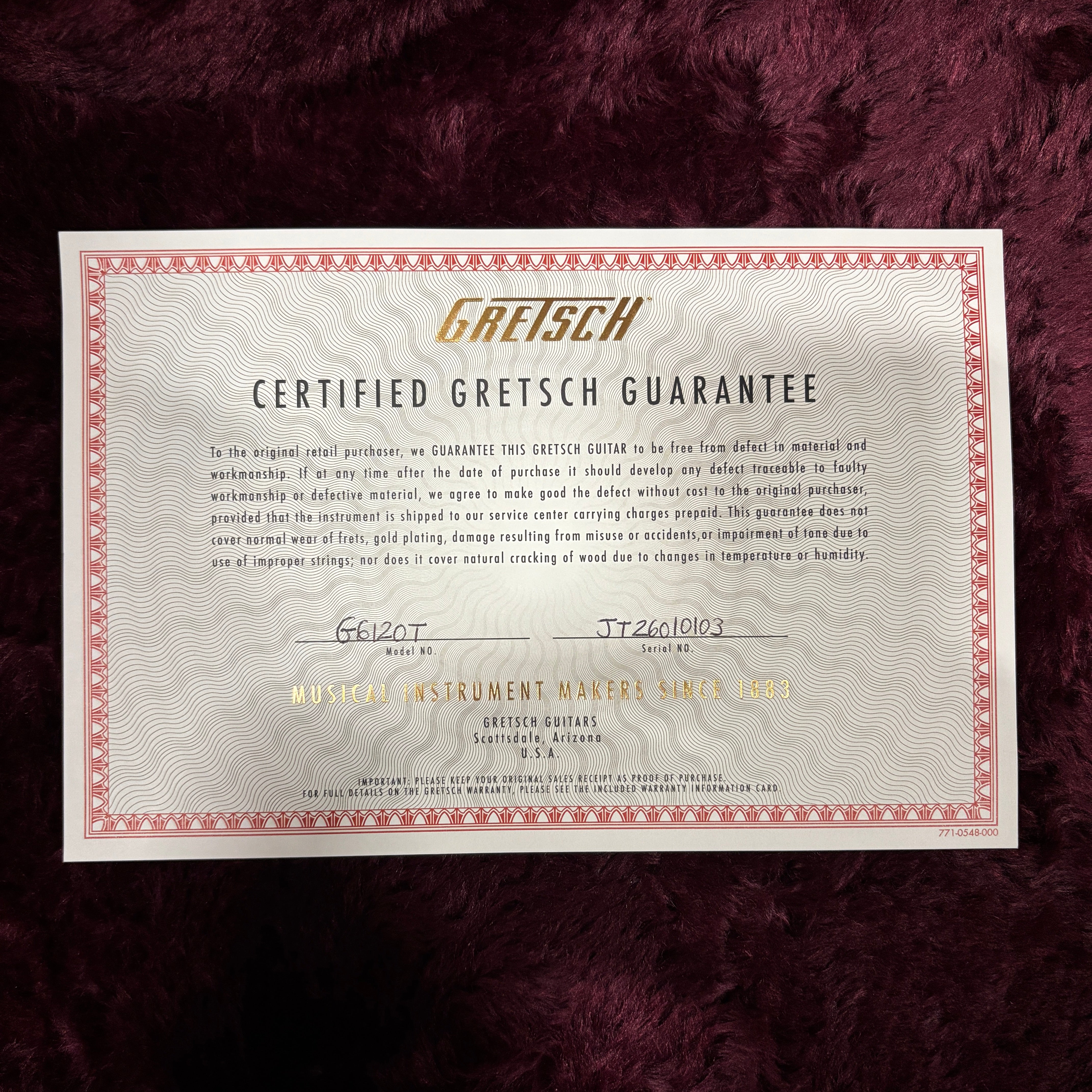 Gretsch G6120T Brian Setzer Nashville hollowbody guitar warranty certificate Smoke Orange Bigsby