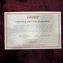Gretsch Pro Falcon Certified Guarantee warranty card with gold logo and handwritten serial number JT25124176