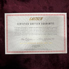 Gretsch Pro Falcon Certified Guarantee warranty card with gold logo and handwritten serial number JT25124176