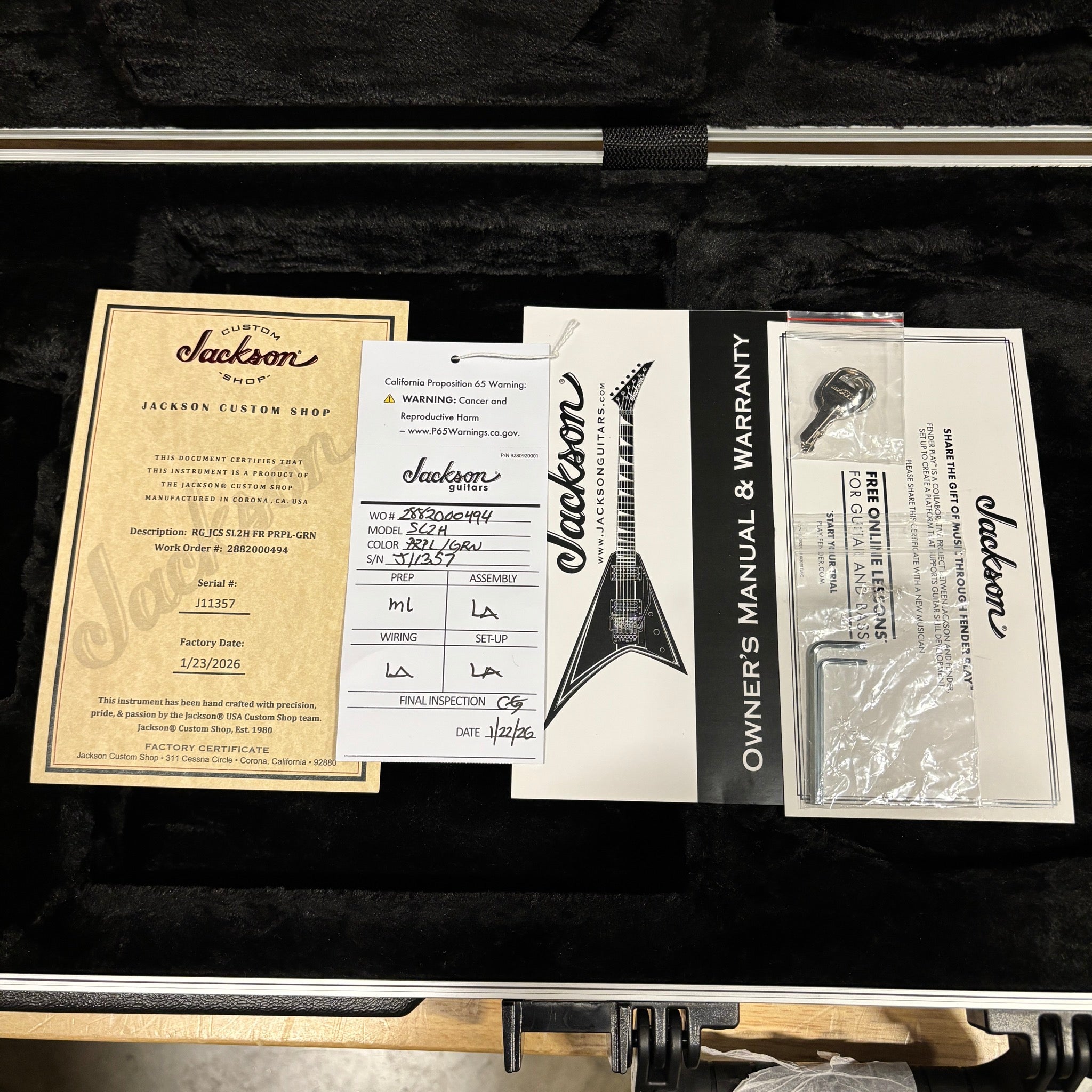Jackson Righteous Run Custom Soloist Purple to Green Shift guitar case with Custom Shop certificate of authenticity and owner