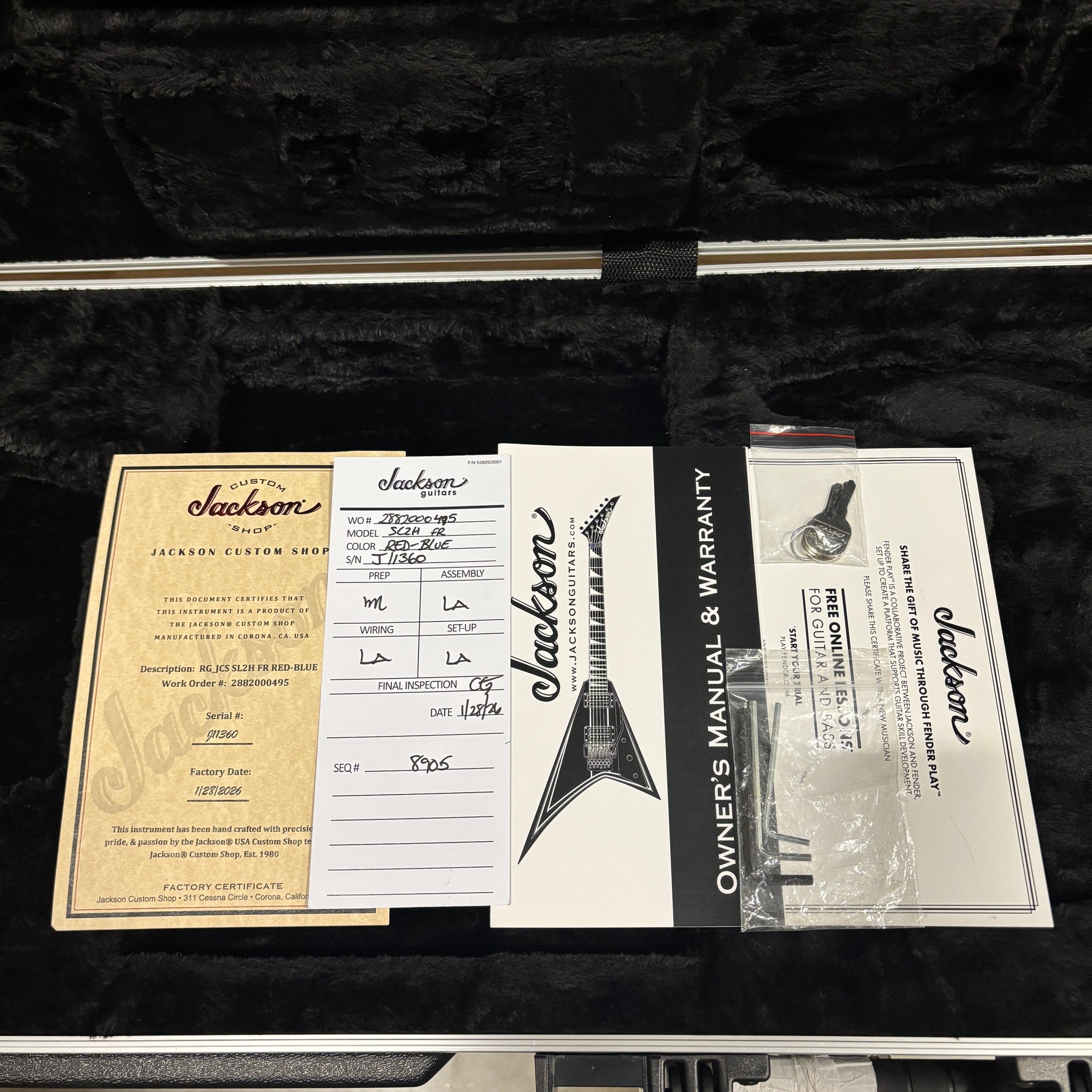 Jackson Righteous Run Custom Soloist Red to Blue Shift guitar case with Custom Shop factory certificate and owner's manual