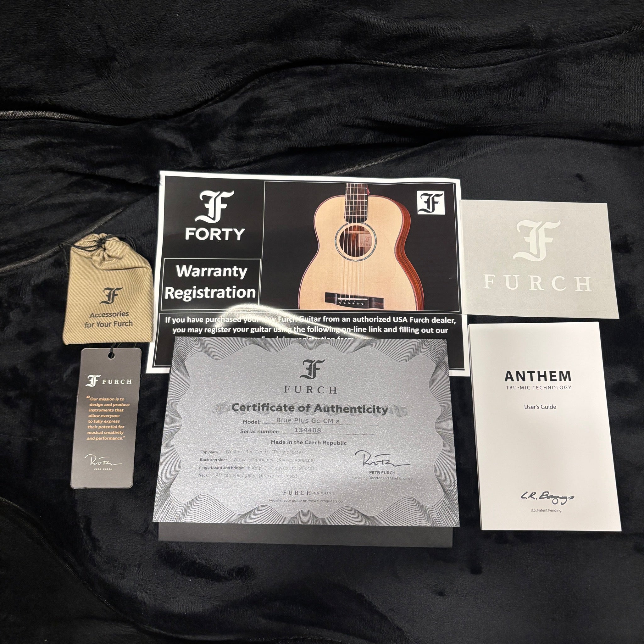 Furch Blue Plus Gc-CMa Anthem Natural acoustic guitar certificate of authenticity warranty card and documentation package