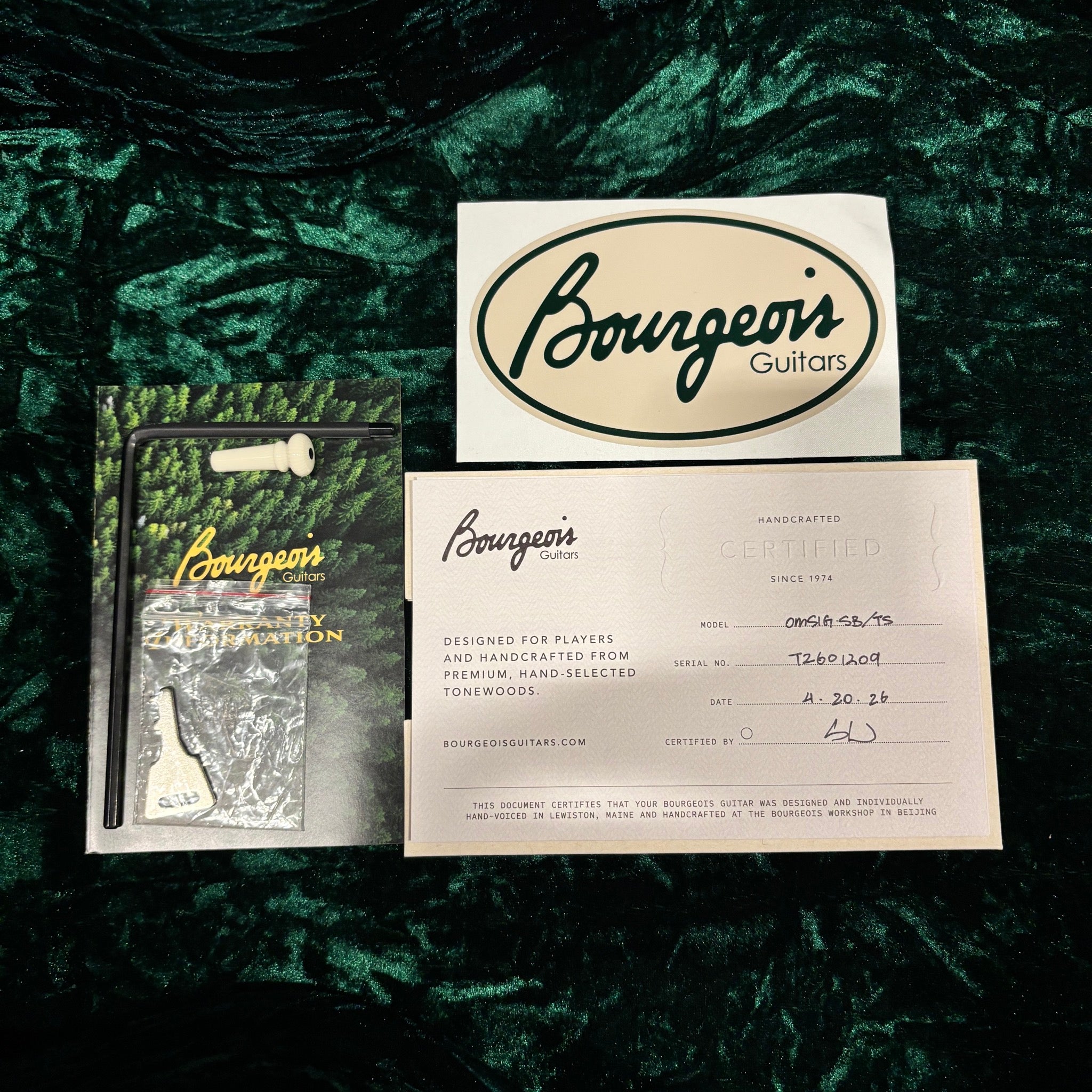 Bourgeois Touchstone Signature OM Sunburst acoustic guitar certified documents with sticker, truss rod tool, and nut