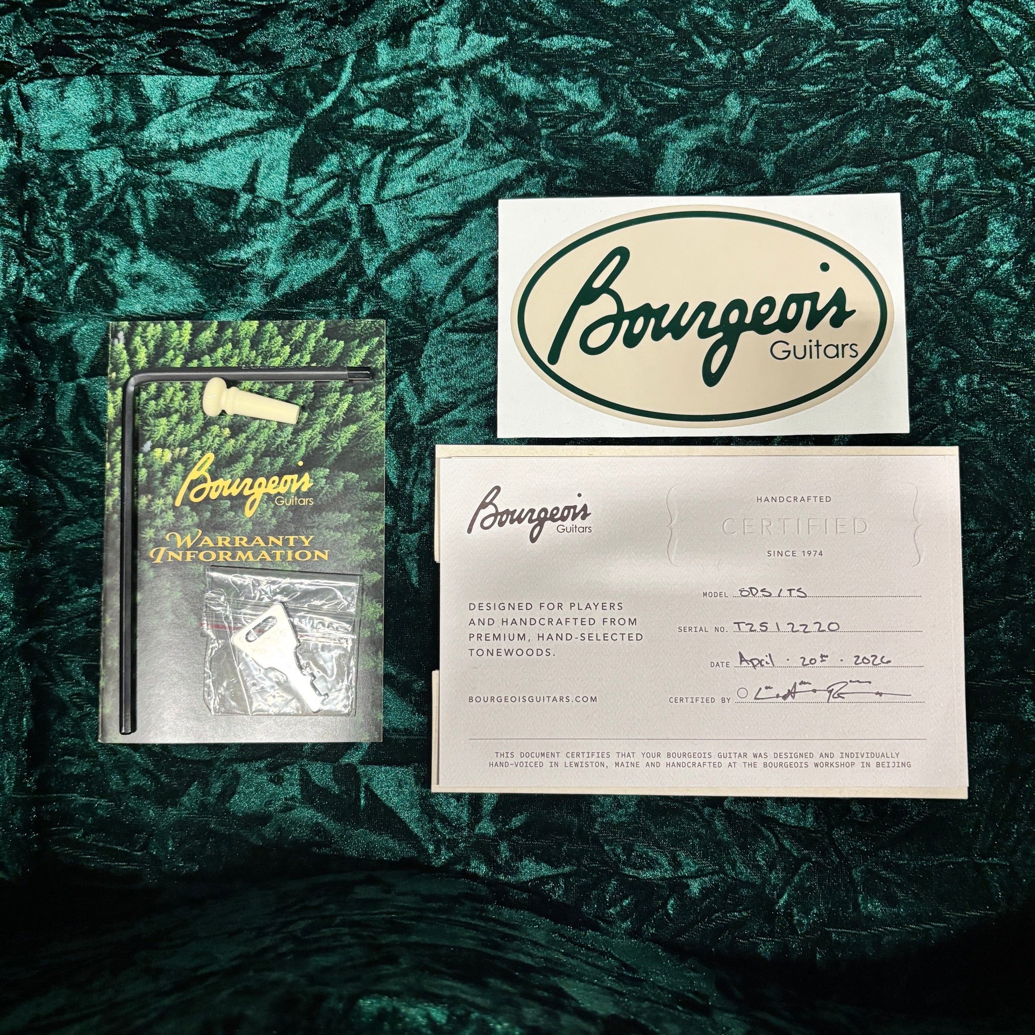 Bourgeois Touchstone SDS/TS Sunburst acoustic guitar certified documentation with warranty card, sticker, and accessories