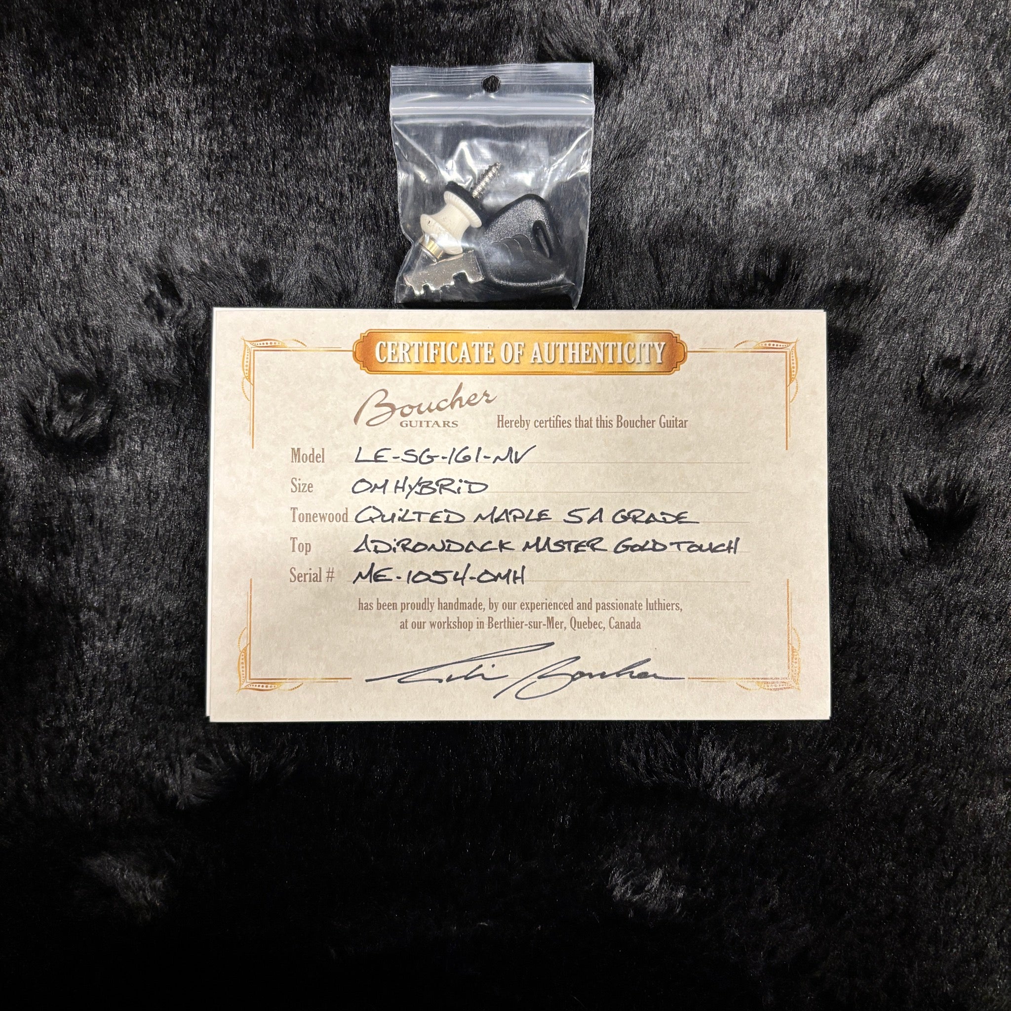 Boucher Limited LE-SG-161-MV Natural guitar certificate of authenticity with strap button accessory bag