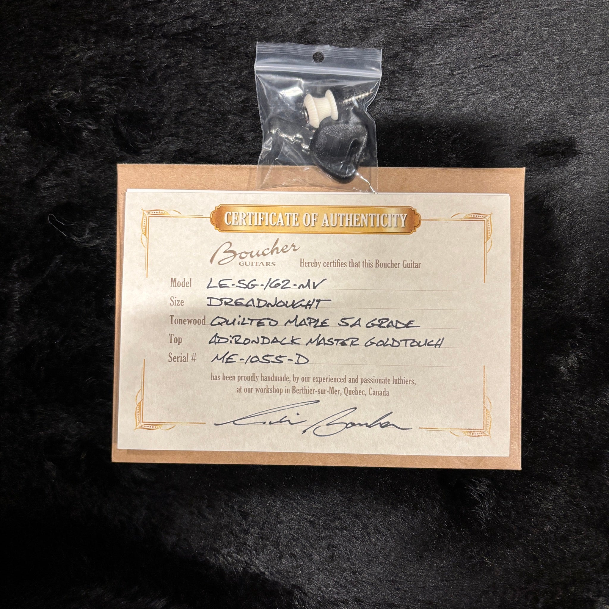 Boucher Guitars LE-SG-162-MV Certificate of Authenticity with strap buttons for Natural dreadnought acoustic guitar