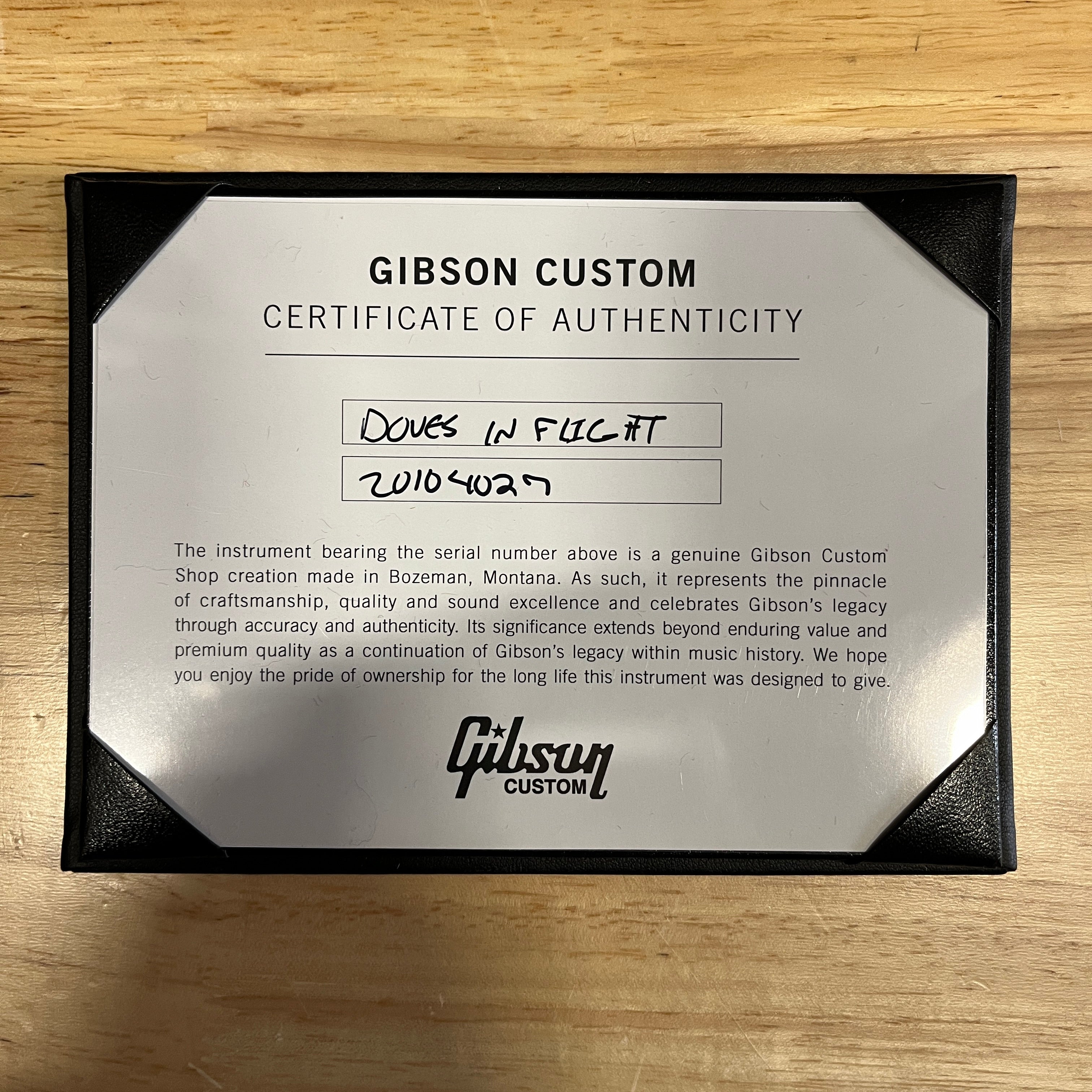 Gibson Doves in Flight acoustic guitar Certificate of Authenticity with serial number documentation
