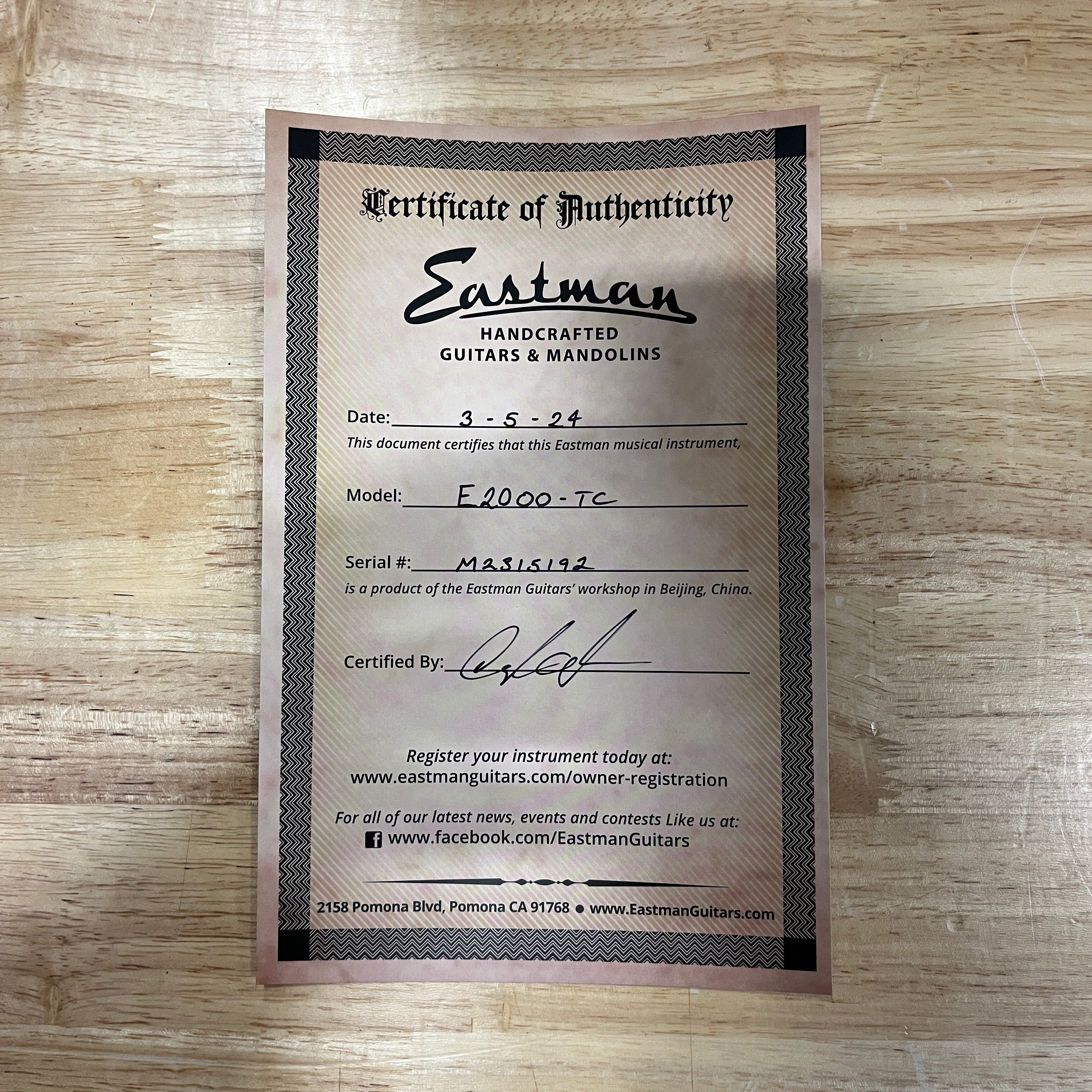 Eastman E2000-TC Thermocure acoustic guitar natural finish with certificate of authenticity