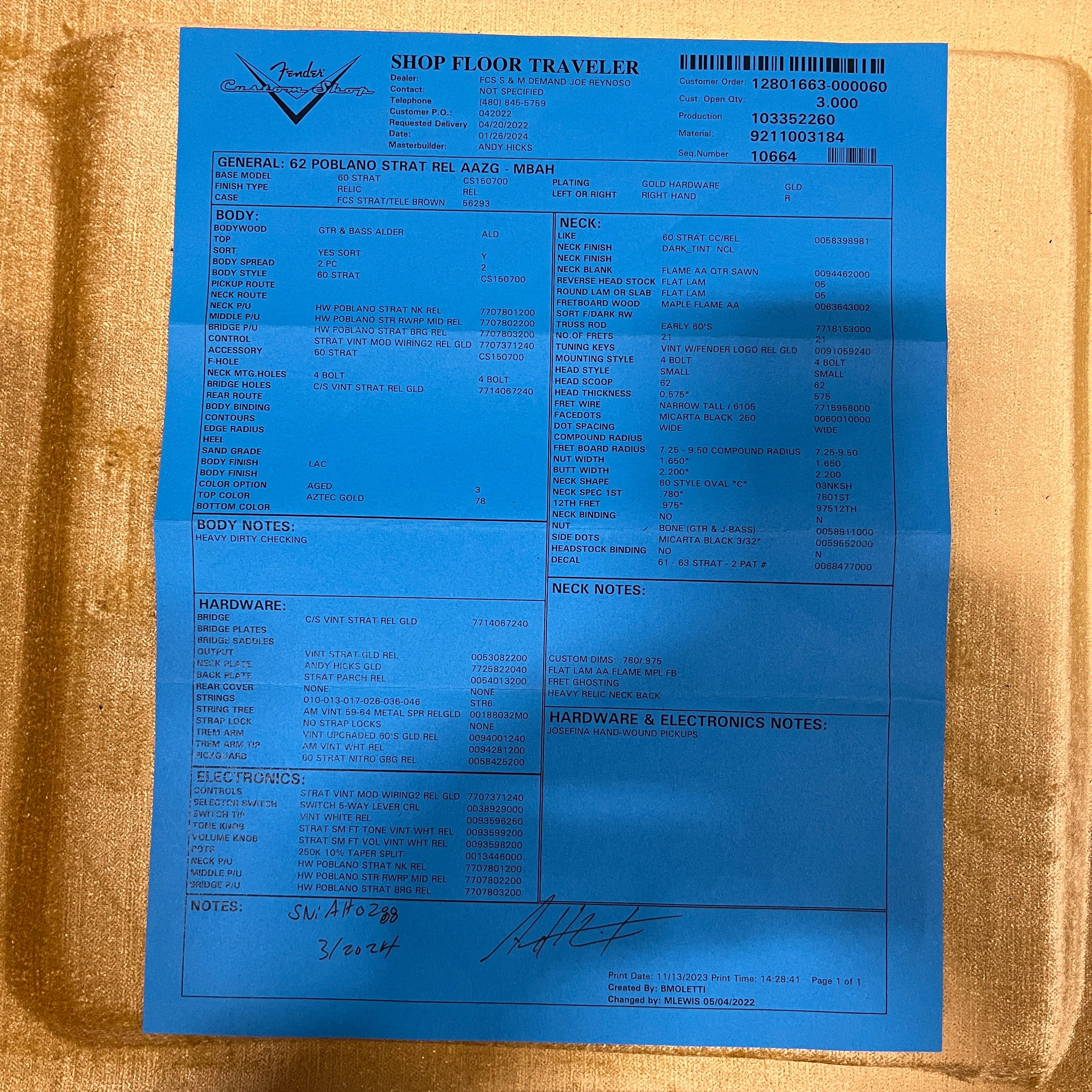 Fender Custom Shop Limited Andy Hicks Masterbuilt 1962 Poblano Stratocaster aged Aztec Gold electric guitar specification sheet