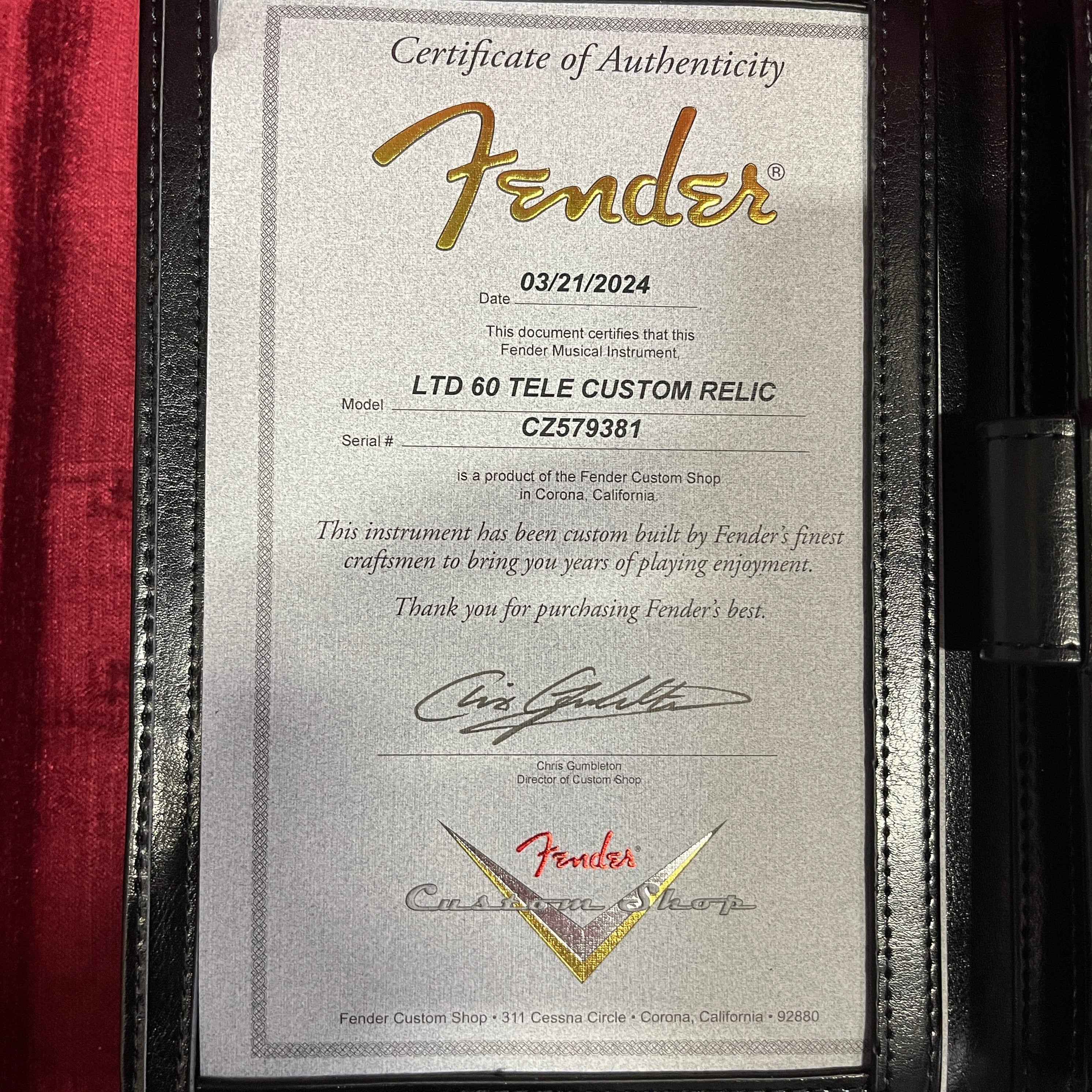 Fender Custom Shop 1960 Telecaster Custom Relic electric guitar chocolate 3-tone sunburst with certificate of authenticity