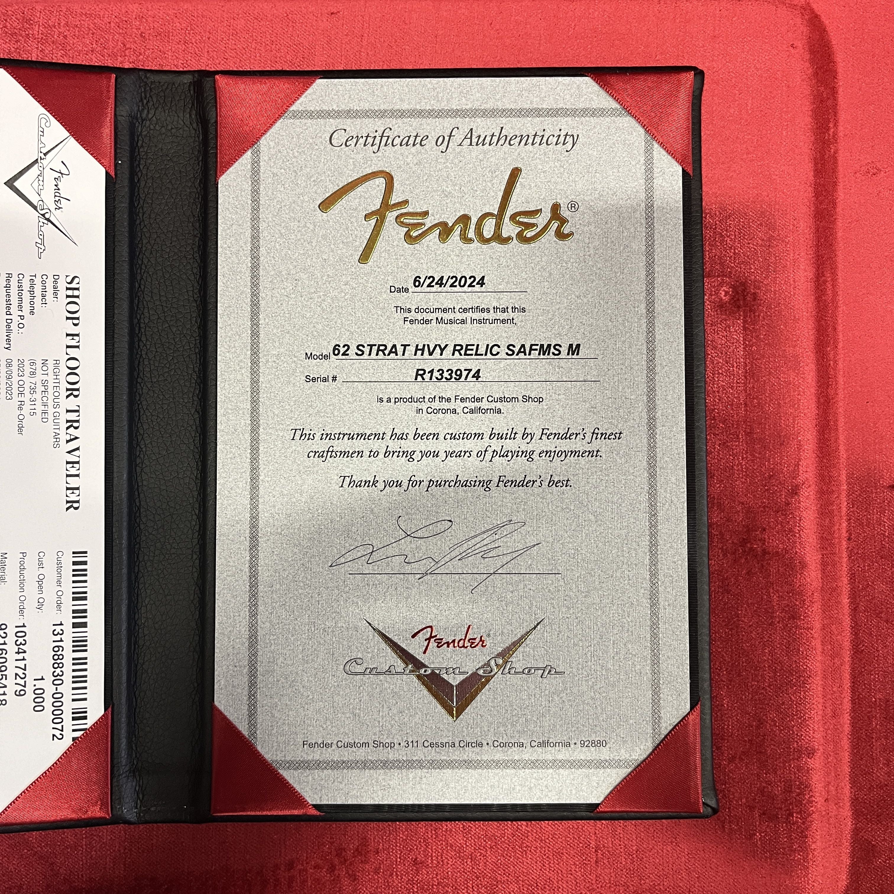 Fender Custom Shop 1962 Heavy Relic Stratocaster electric guitar Firemist Silver with certificate of authenticity