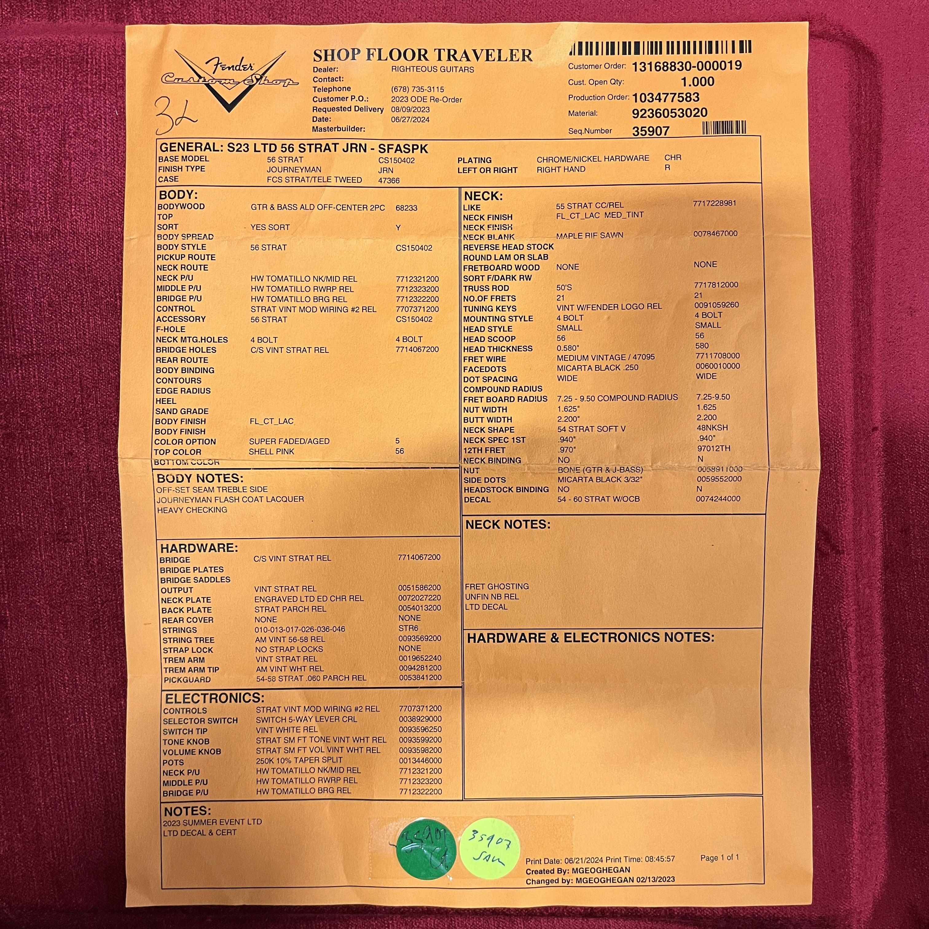 Fender Custom Shop Limited 1956 Stratocaster Journeyman Relic electric guitar Super Faded Shell Pink with maple neck