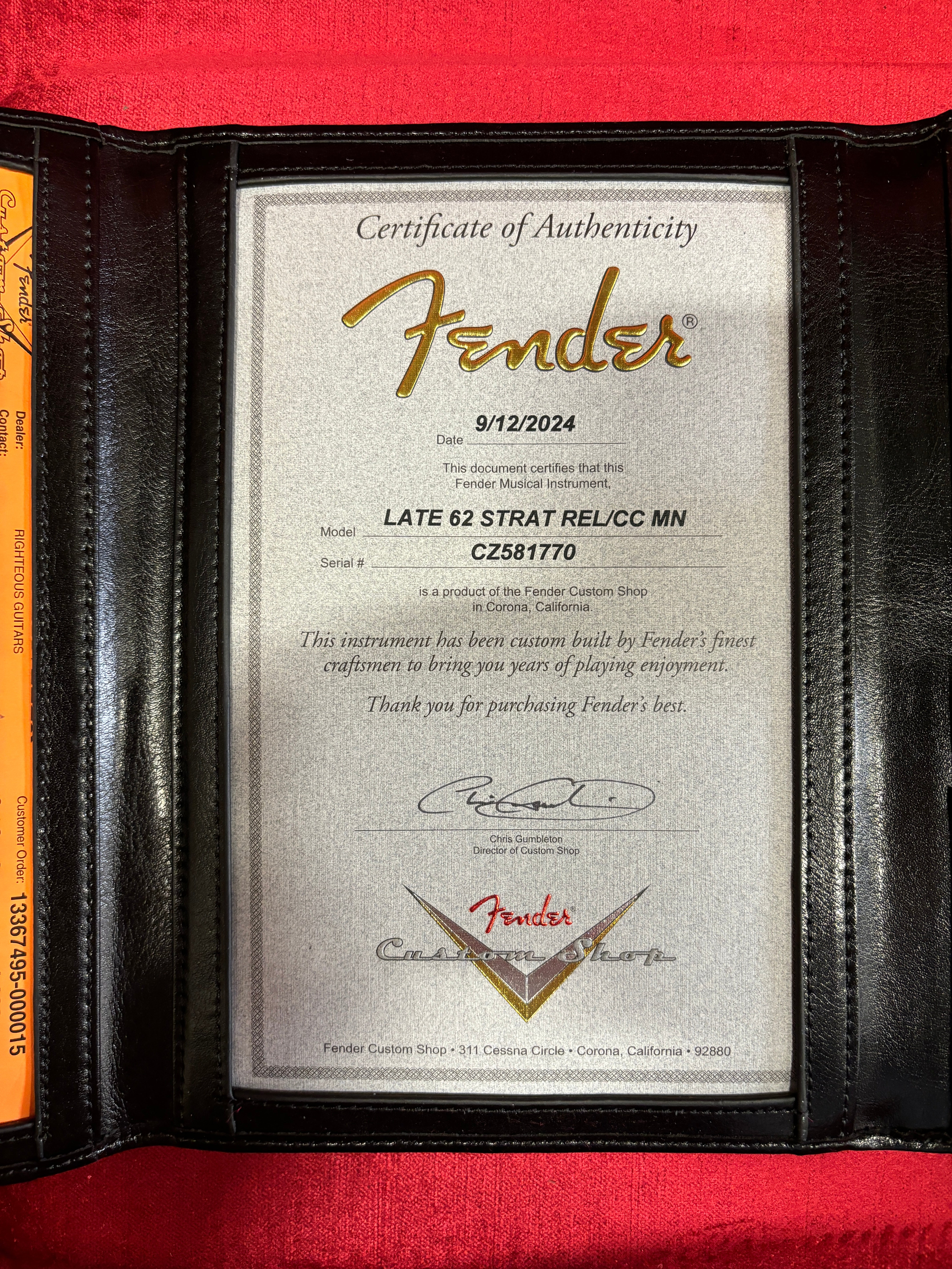 Fender Custom Shop Late 1962 Stratocaster Relic electric guitar Holoflake Maple with certificate of authenticity