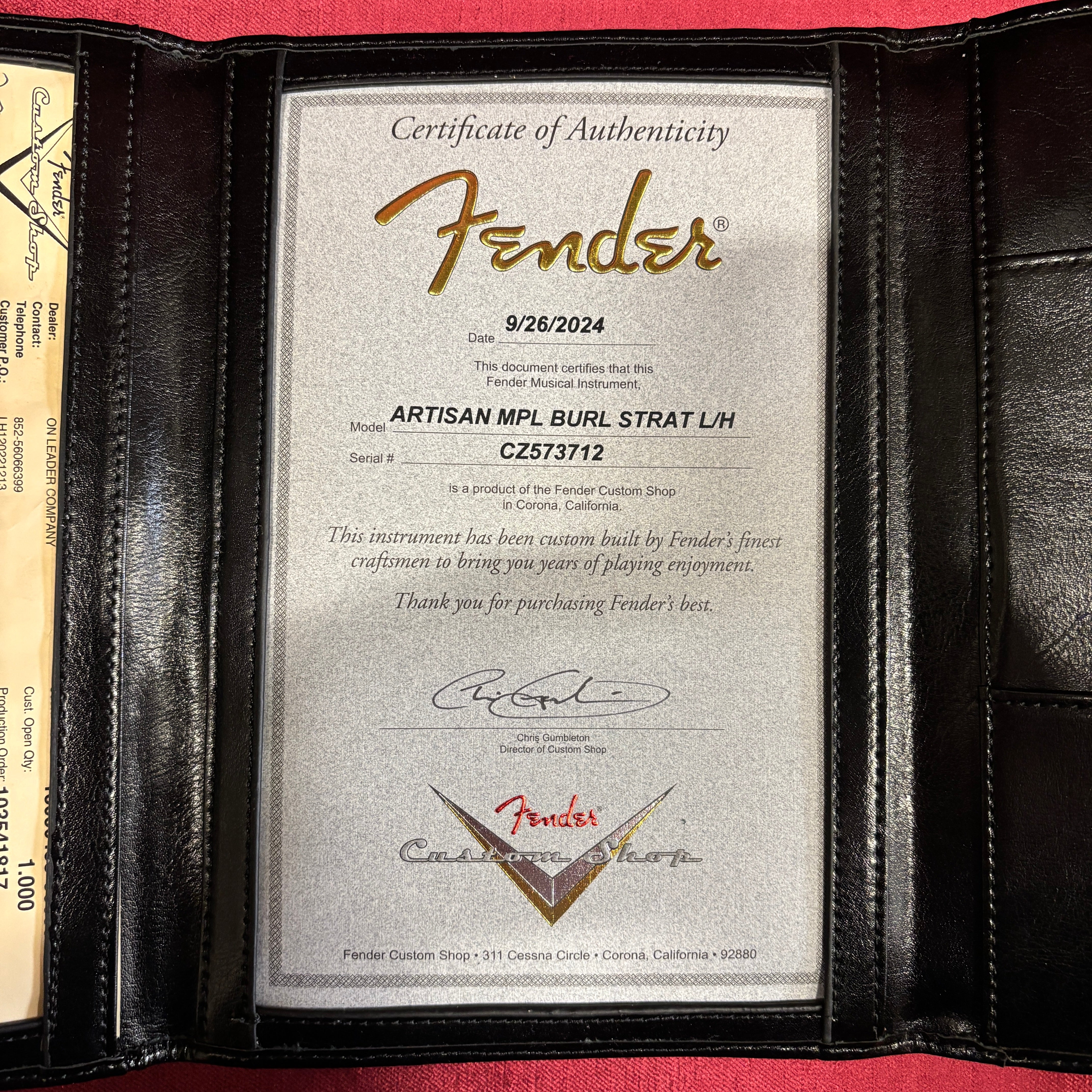 Fender Custom Shop Artisan Maple Burl Stratocaster left-handed electric guitar aged natural finish with certificate of authenticity