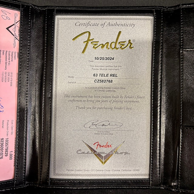 Pre-owned Fender Custom Shop 1963 Telecaster Relic electric guitar Fiesta Red with certificate of authenticity