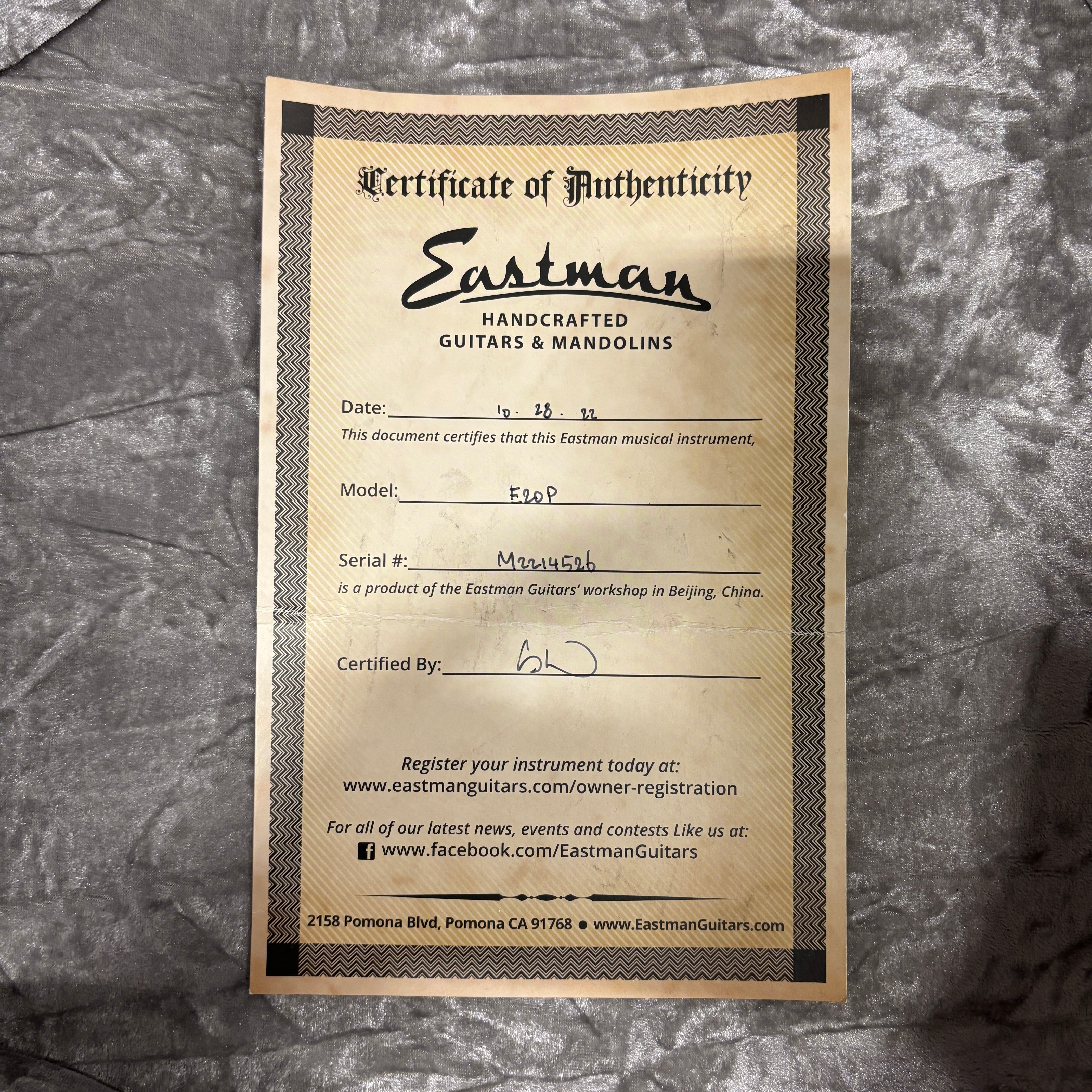Eastman E20P natural pre-owned acoustic guitar certificate of authenticity document