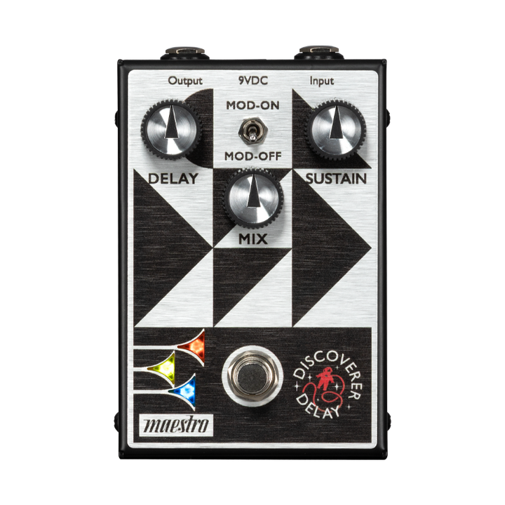 Maestro Discoverer Delay guitar effects pedal black with three knobs and footswitch