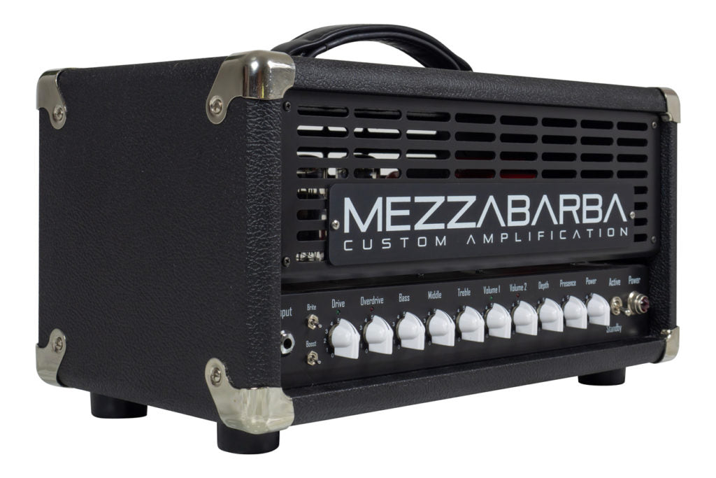 Mezzabarba Skill 30-Watt Head guitar amplifier black with white control knobs and ventilated grille