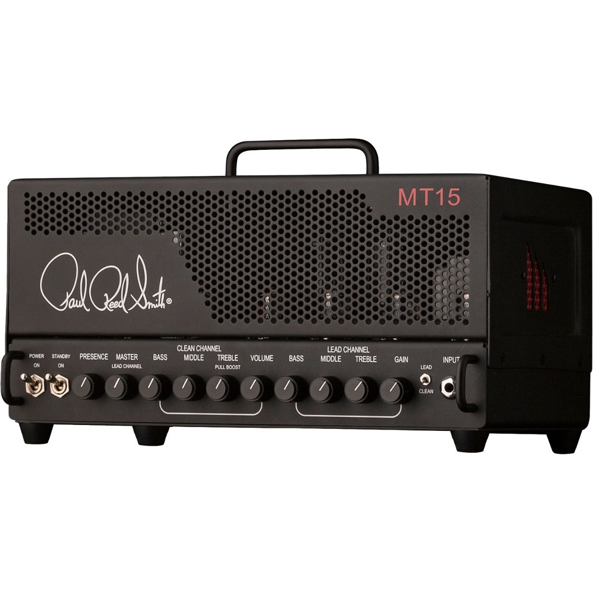 Paul Reed Smith MT15 guitar amplifier head black with dual-channel configuration and perforated metal grille