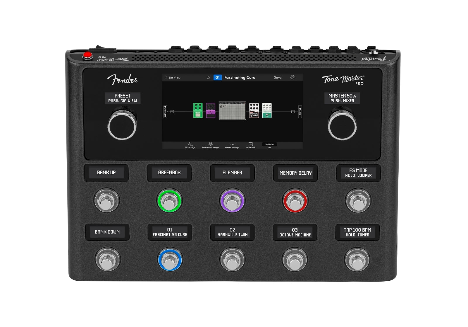 Fender Tone Master Pro multi-effects processor with dual footswitches and preset selection knobs