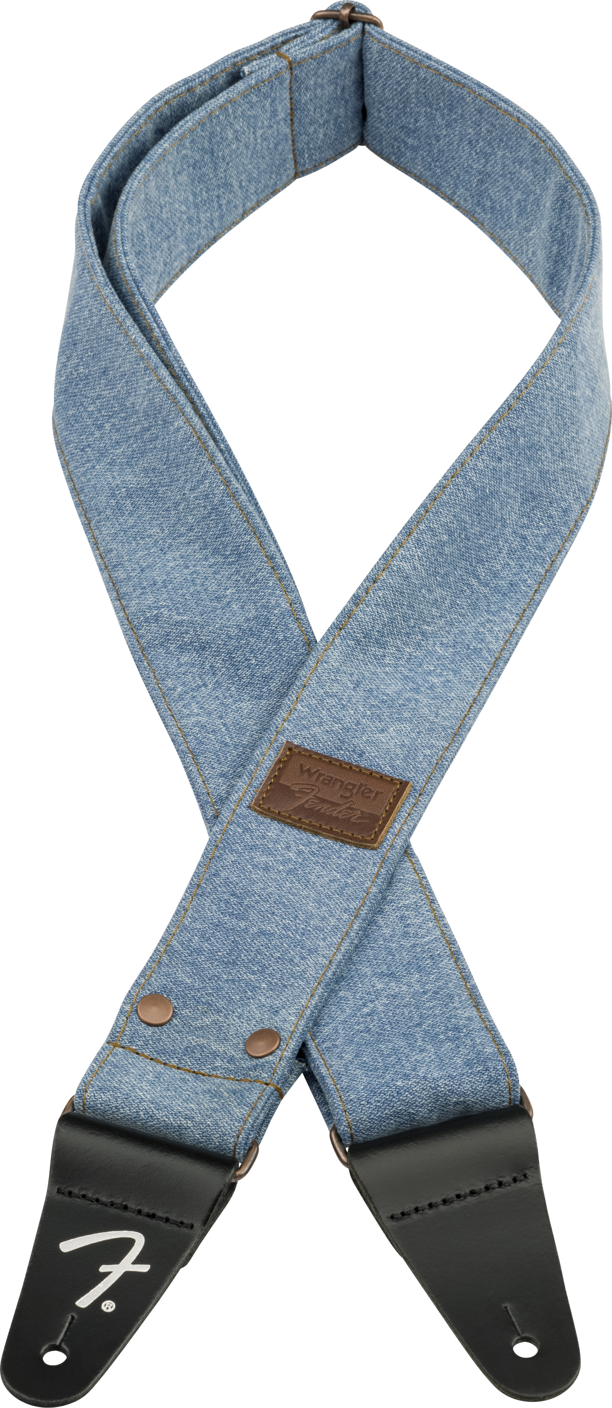 Fender x Wrangler Riveted Denim guitar strap light indigo with leather ends