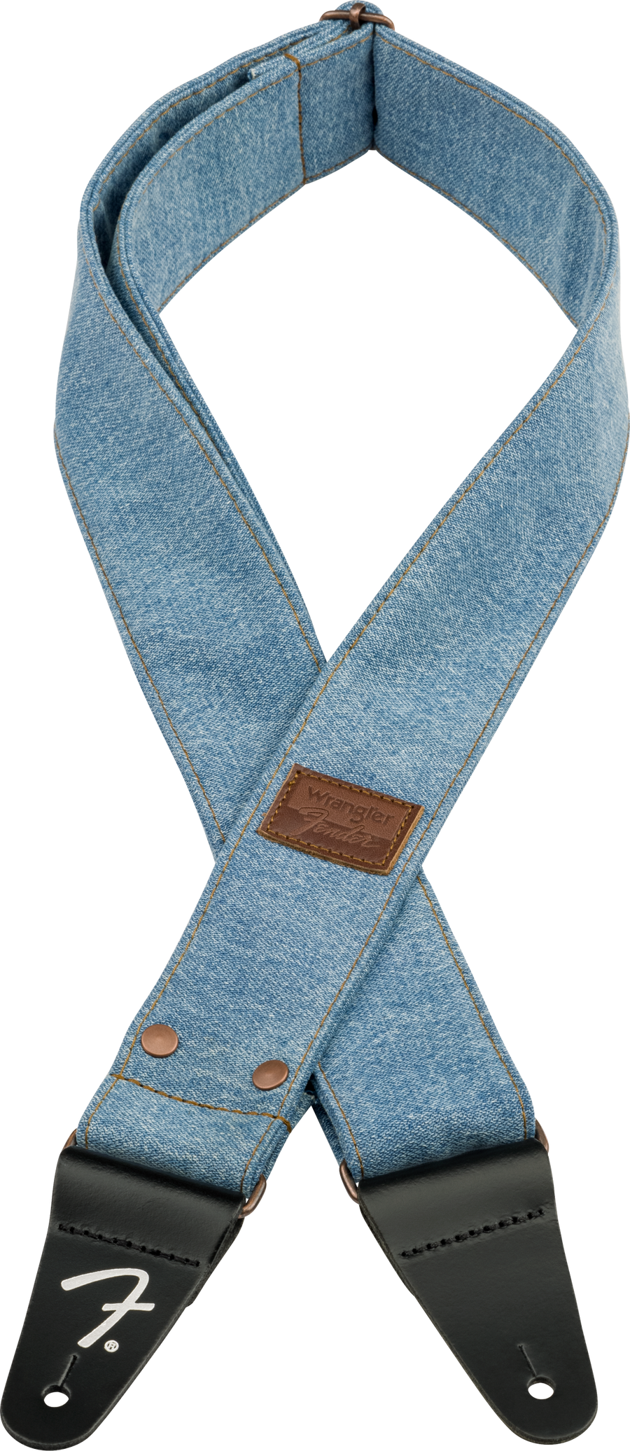 Fender x Wrangler Riveted Denim guitar strap light indigo with leather ends