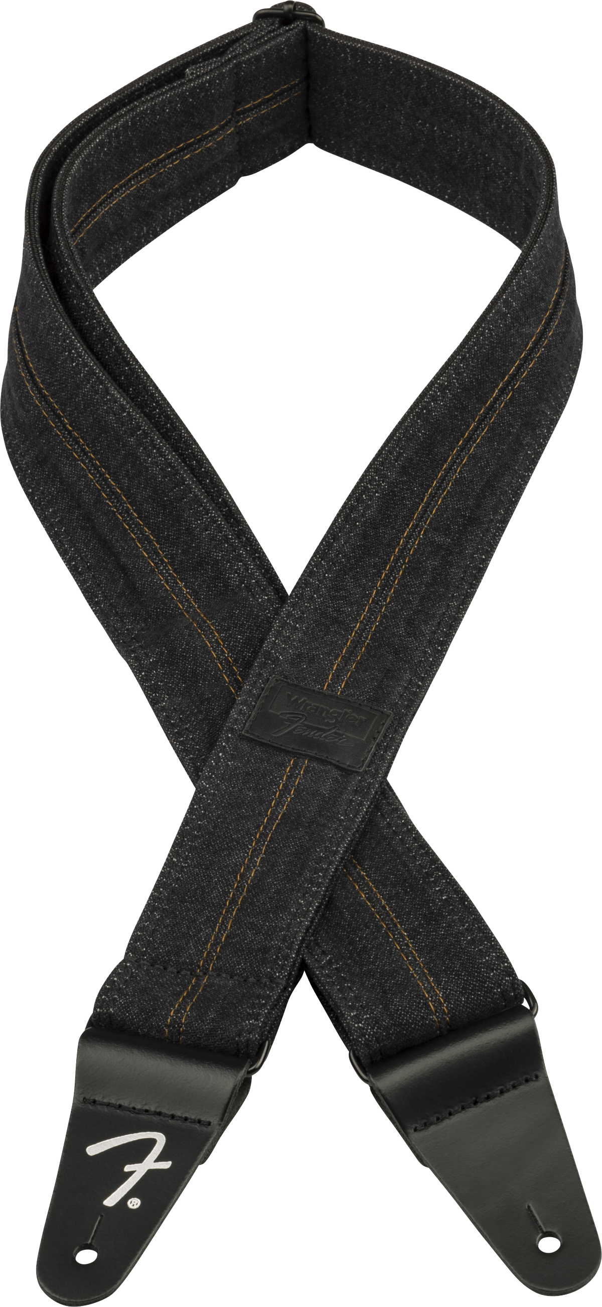 Fender x Wrangler Denim guitar strap washed black with contrast stitching and leather ends