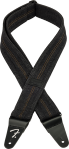 Fender x Wrangler Denim guitar strap washed black with contrast stitching and leather ends