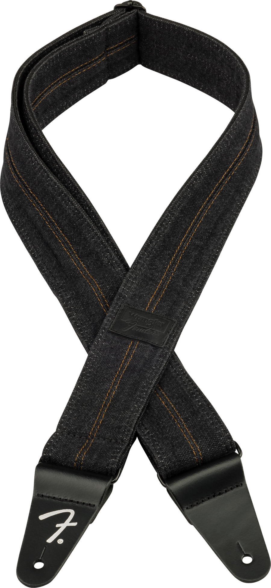 Fender x Wrangler Denim guitar strap washed black with contrast stitching and leather ends