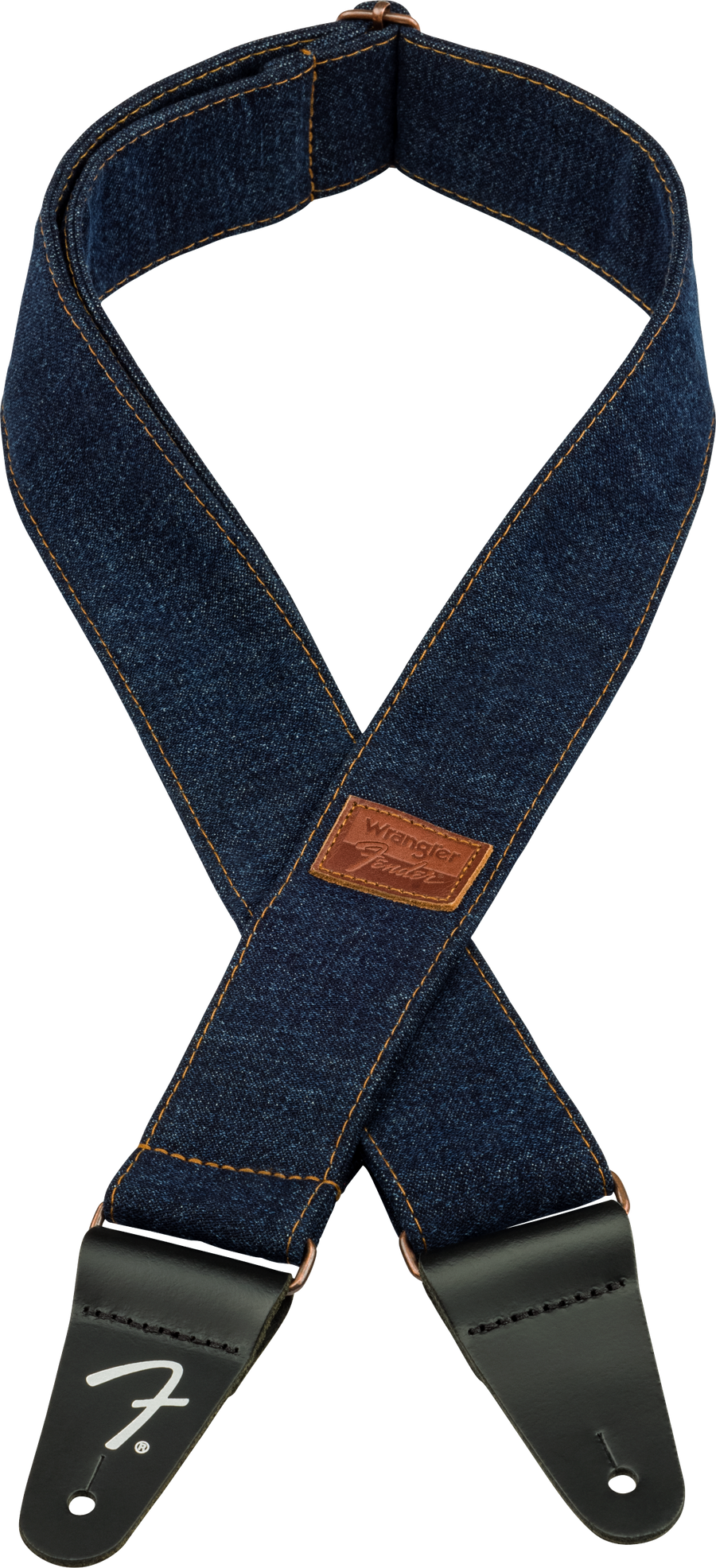 Fender x Wrangler Denim guitar strap dark indigo with leather ends and metal hardware