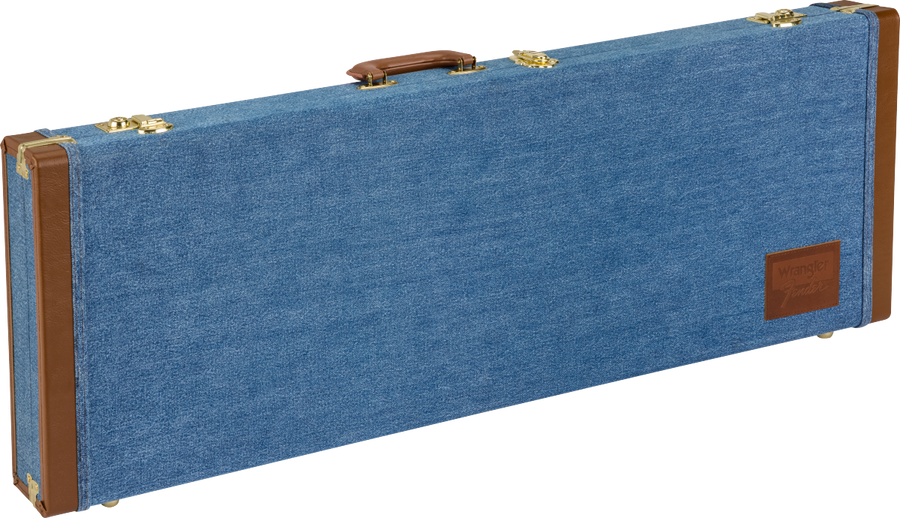 Fender x Wrangler Denim guitar case indigo with brown leather trim and brass hardware
