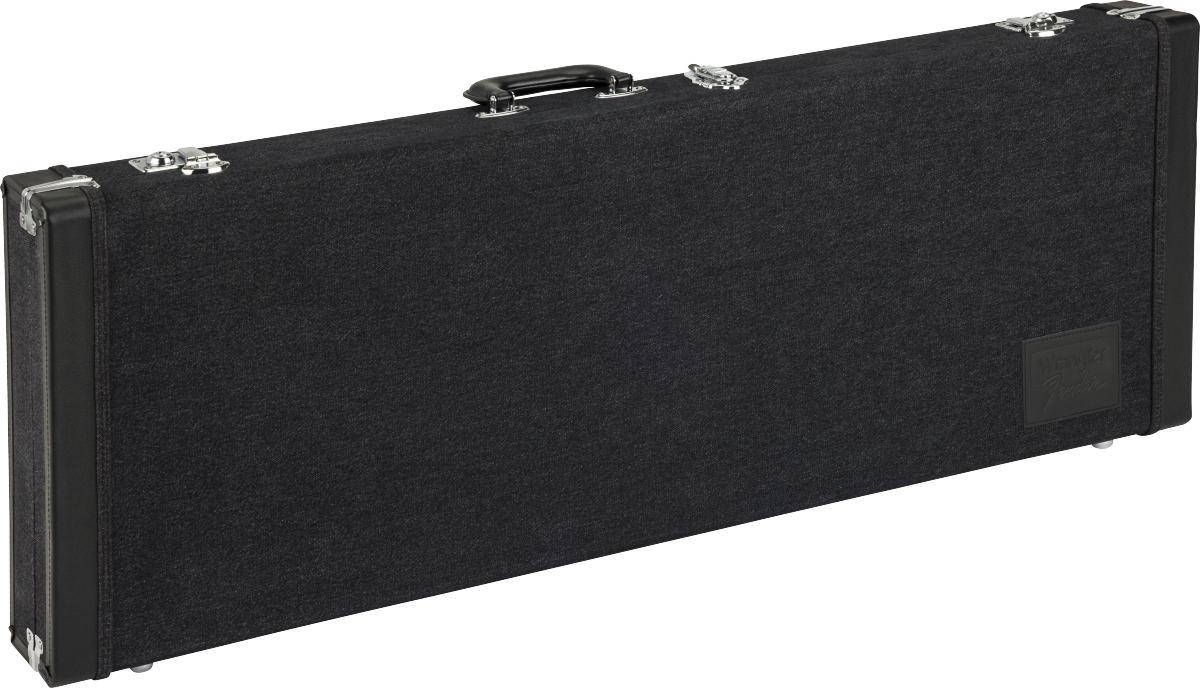 Fender x Wrangler Denim Case black guitar case with chrome hardware and carrying handle