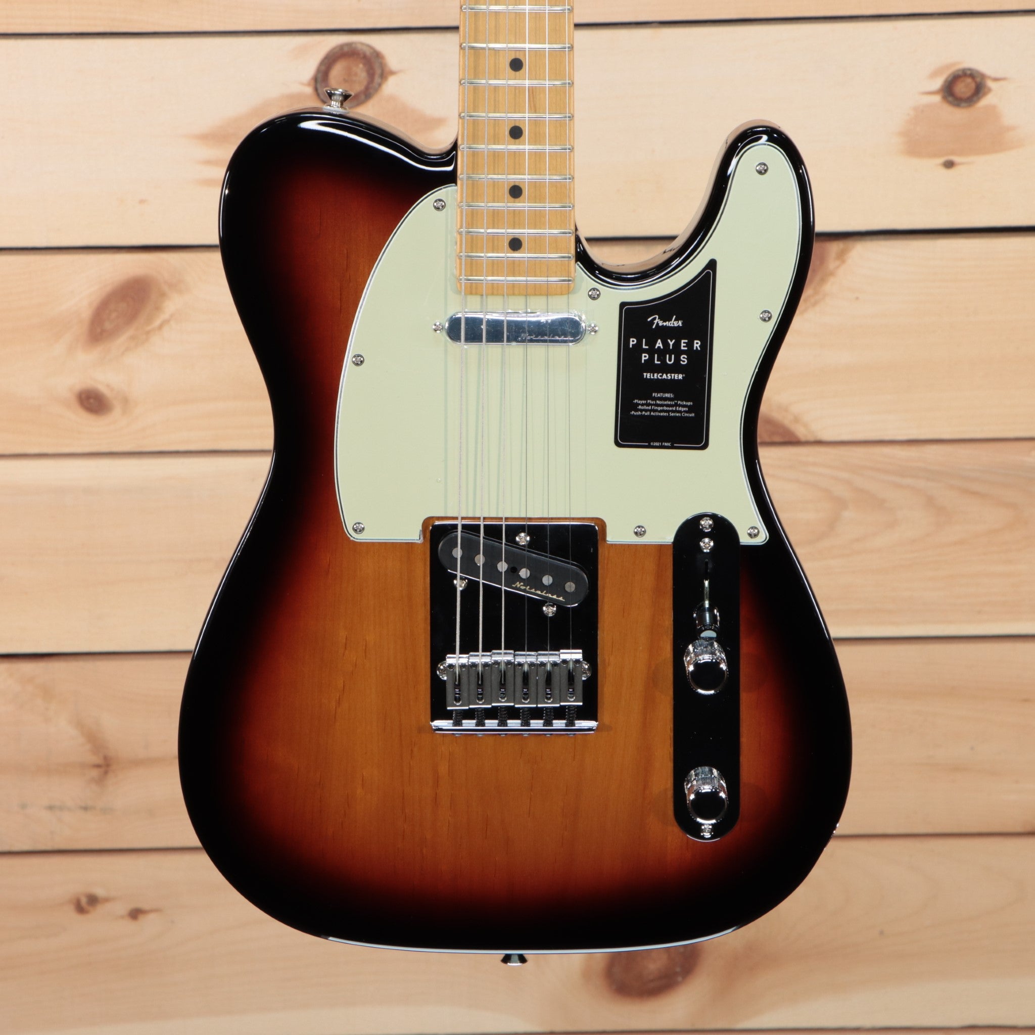 Fender Player Plus Telecaster electric guitar 3-Color Sunburst with mint green pickguard and single-coil pickup