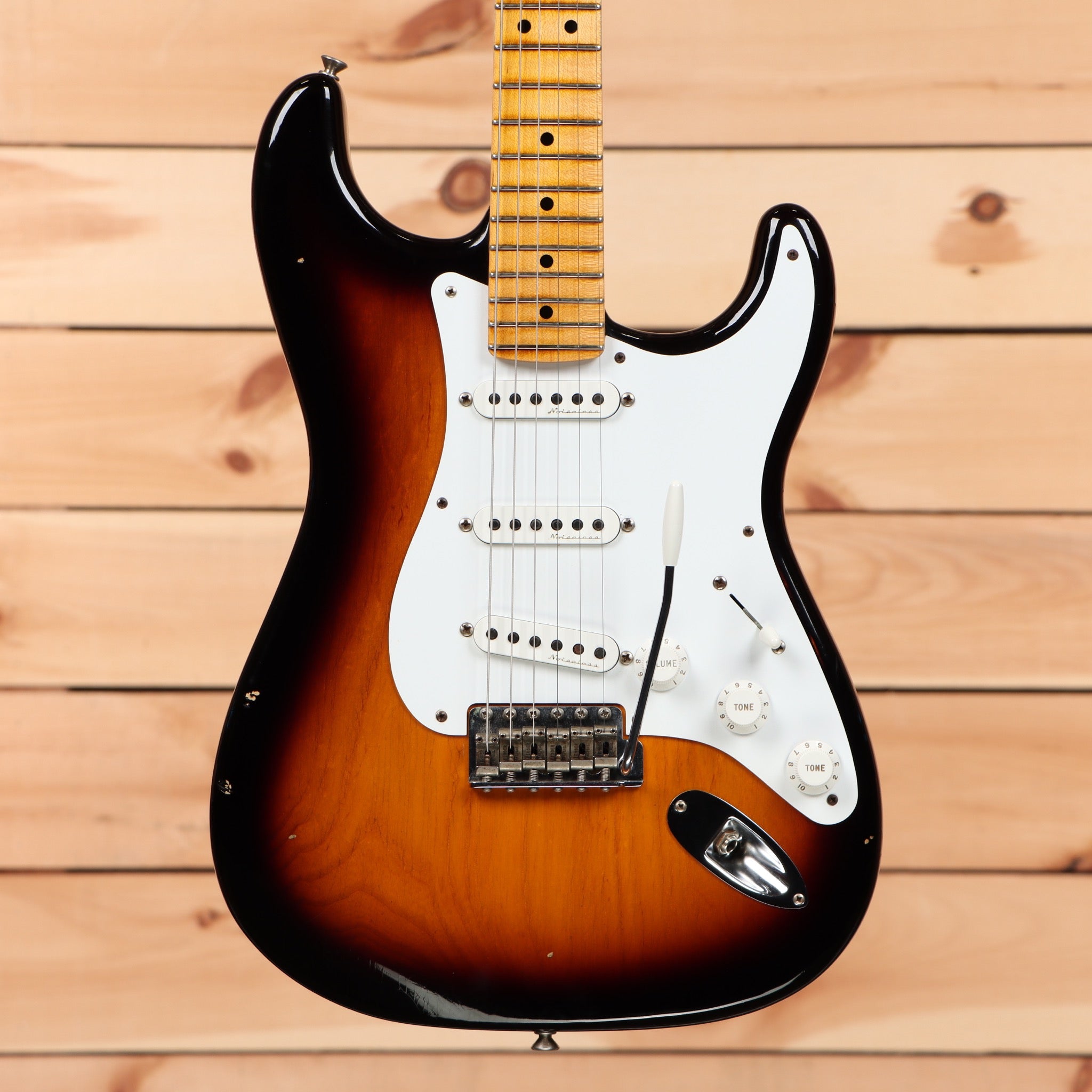 Pre-owned Fender Custom Shop Eric Clapton Signature Stratocaster Journeyman Relic 2-Color Sunburst electric guitar with white pickguard