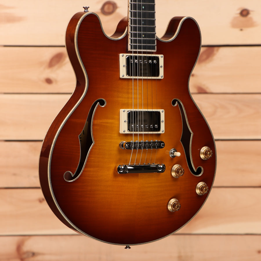Eastman T184MX semi-hollow electric guitar Goldburst with dual humbucker pickups and f-holes