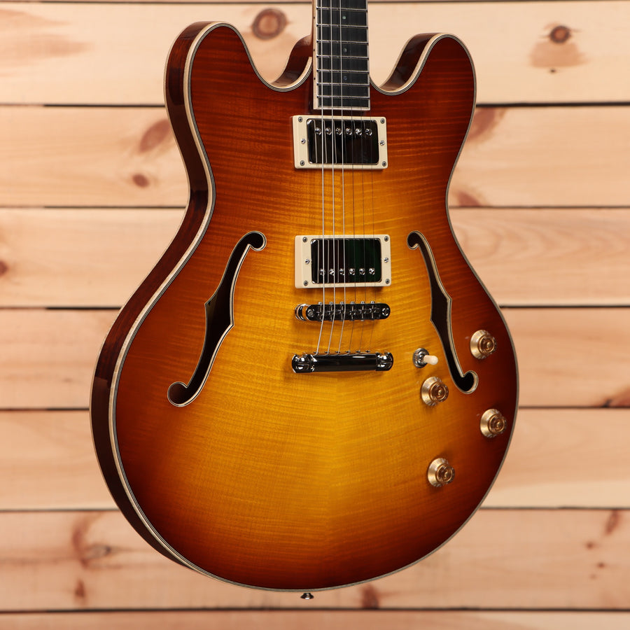 Eastman T186MX semi-hollow electric guitar Goldburst flamed maple top dual humbuckers