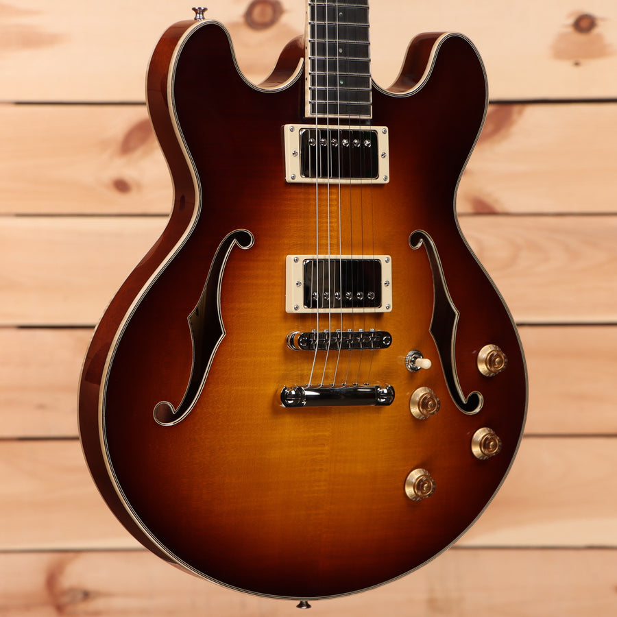 Eastman T185MX semi-hollow electric guitar Goldburst with dual humbucker pickups and f-holes