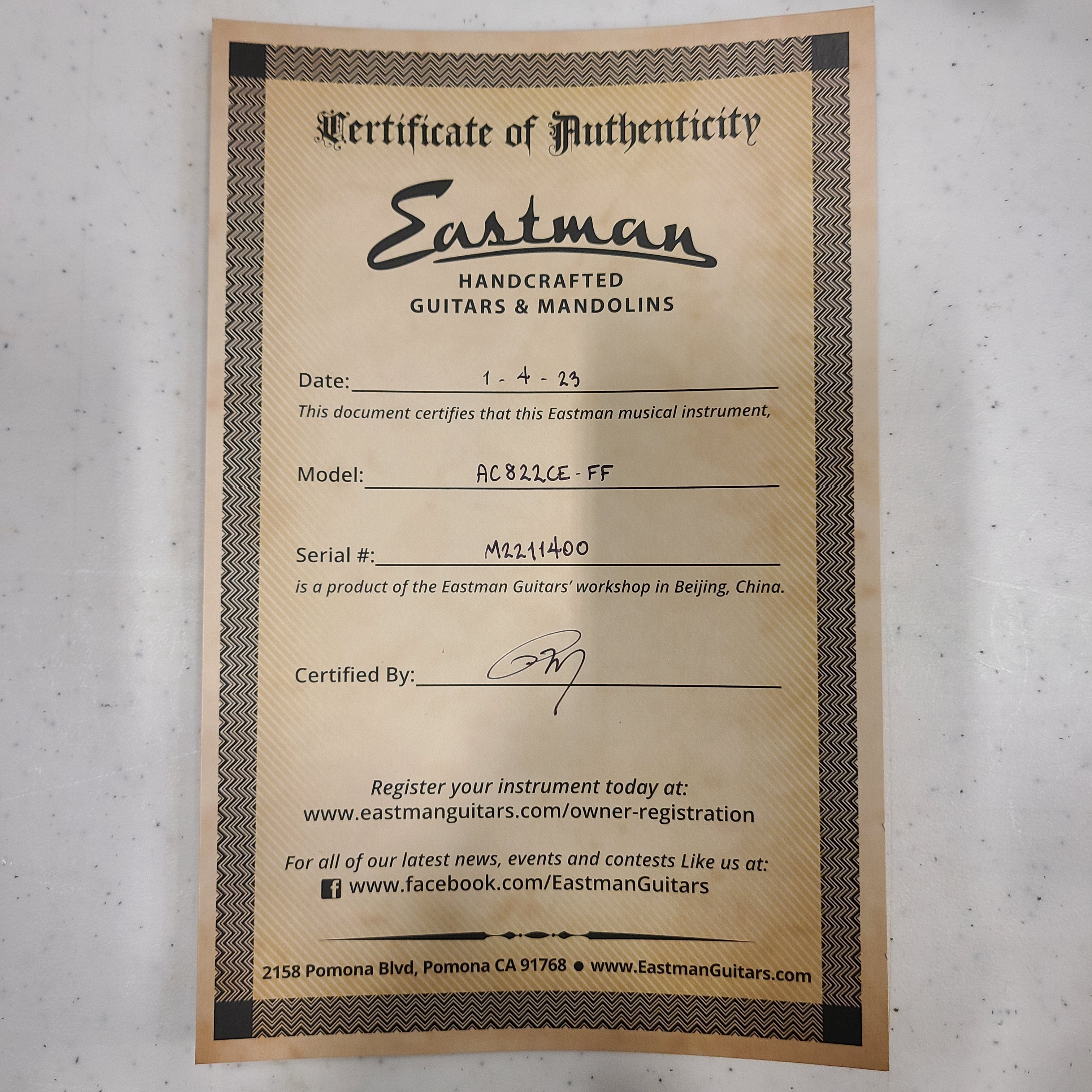 Eastman AC822CE-FF handcrafted acoustic guitar natural finish with certificate of authenticity