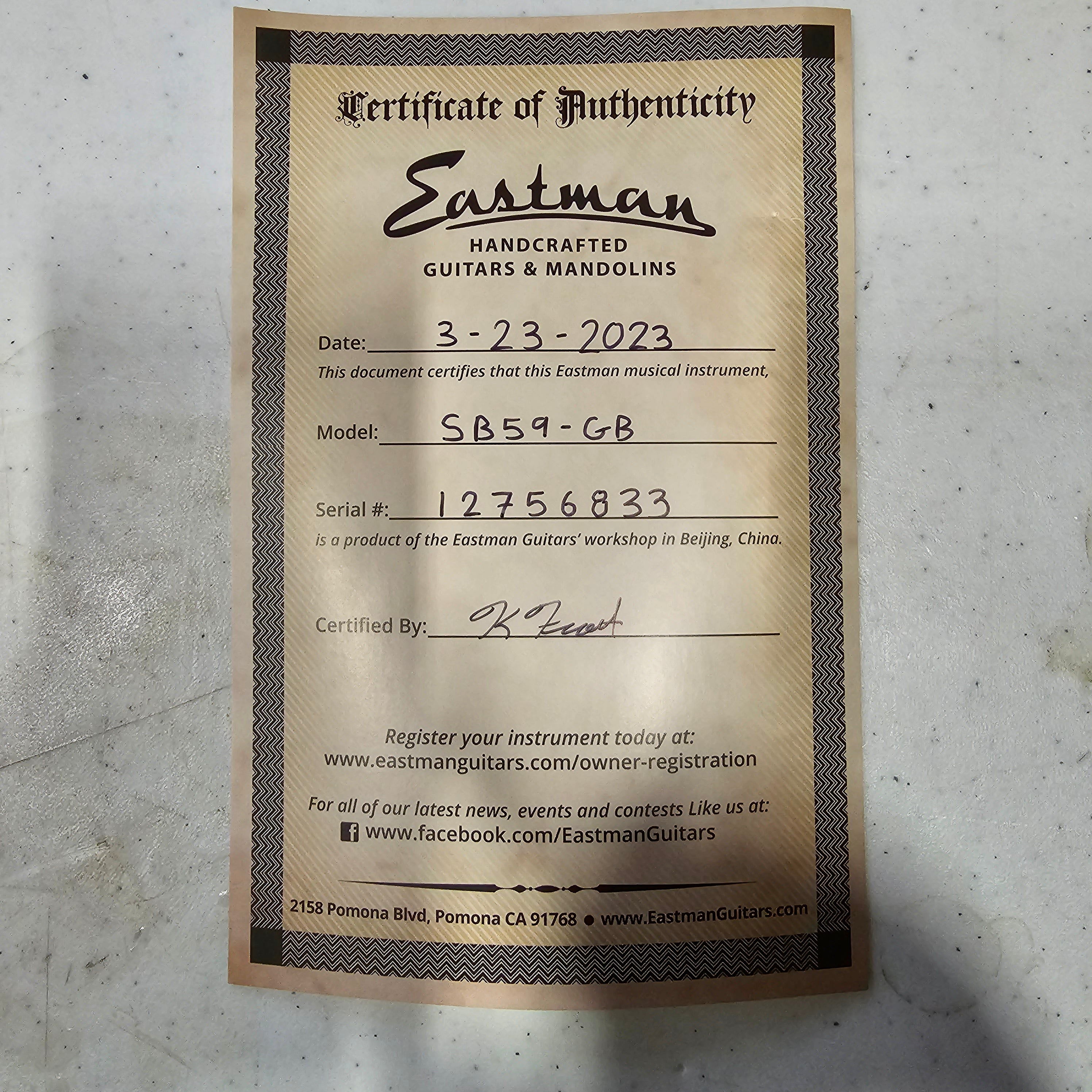 Eastman SB59 semi-hollow electric guitar goldburst finish certificate of authenticity documentation