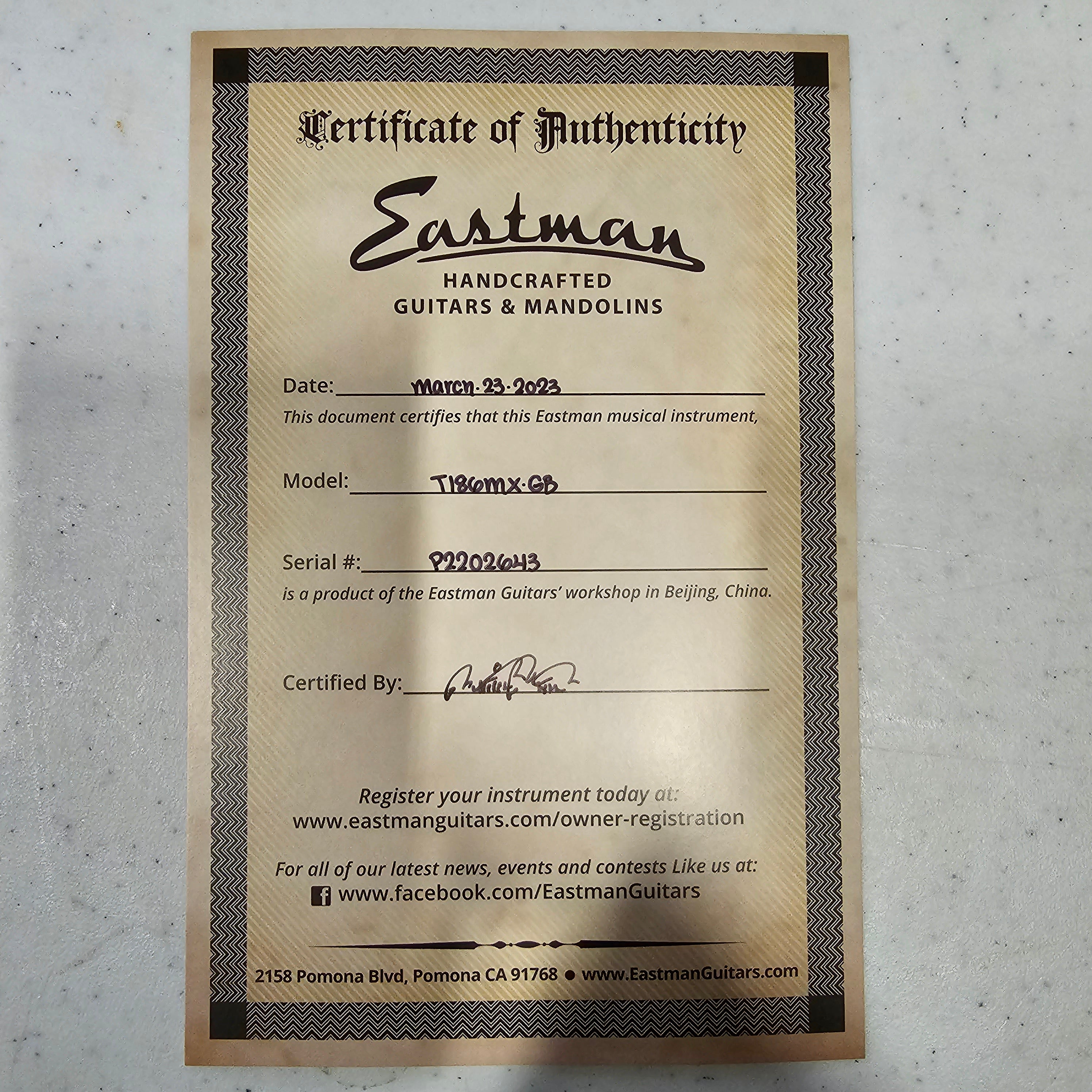 Eastman T186MX-GB semi-hollow electric guitar goldburst finish with certificate of authenticity